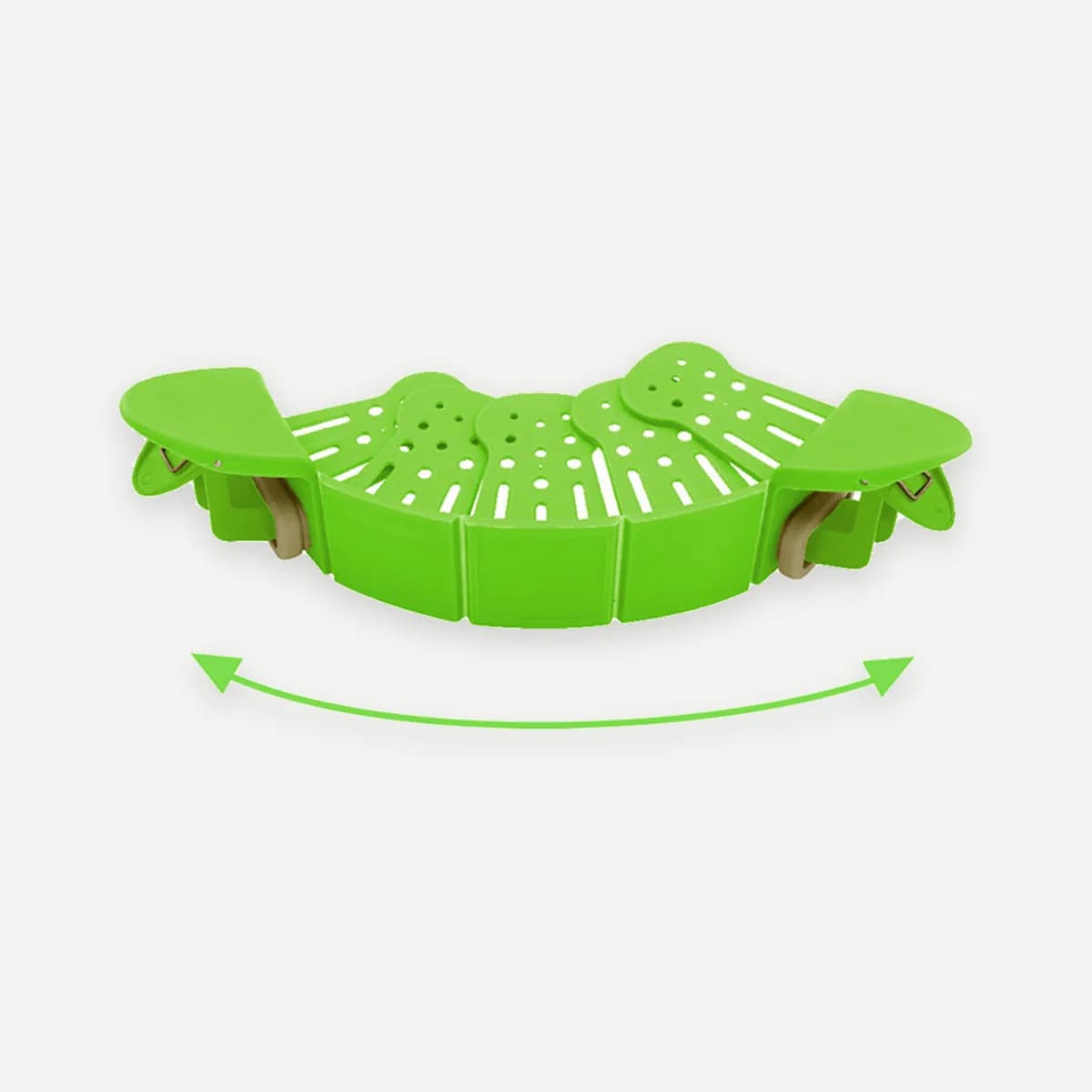The green strainer flexing to follow a curved rim