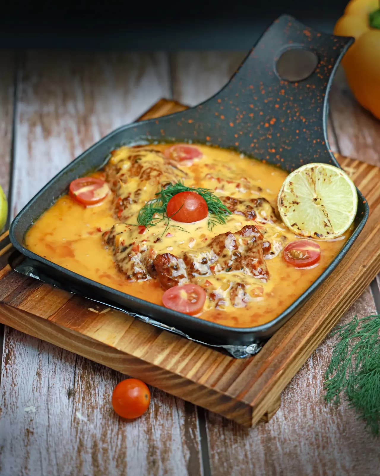Marry me chicken in a creamy tomato sauce with cherry tomatoes, dill and a charred lime half in a black pan