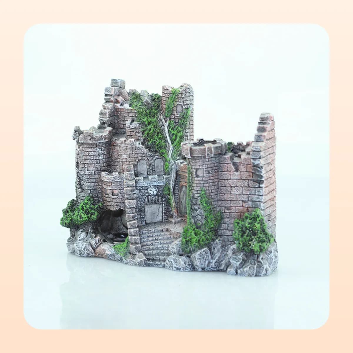 The Kindral castle ruin at an angle, showing the moss detailing
