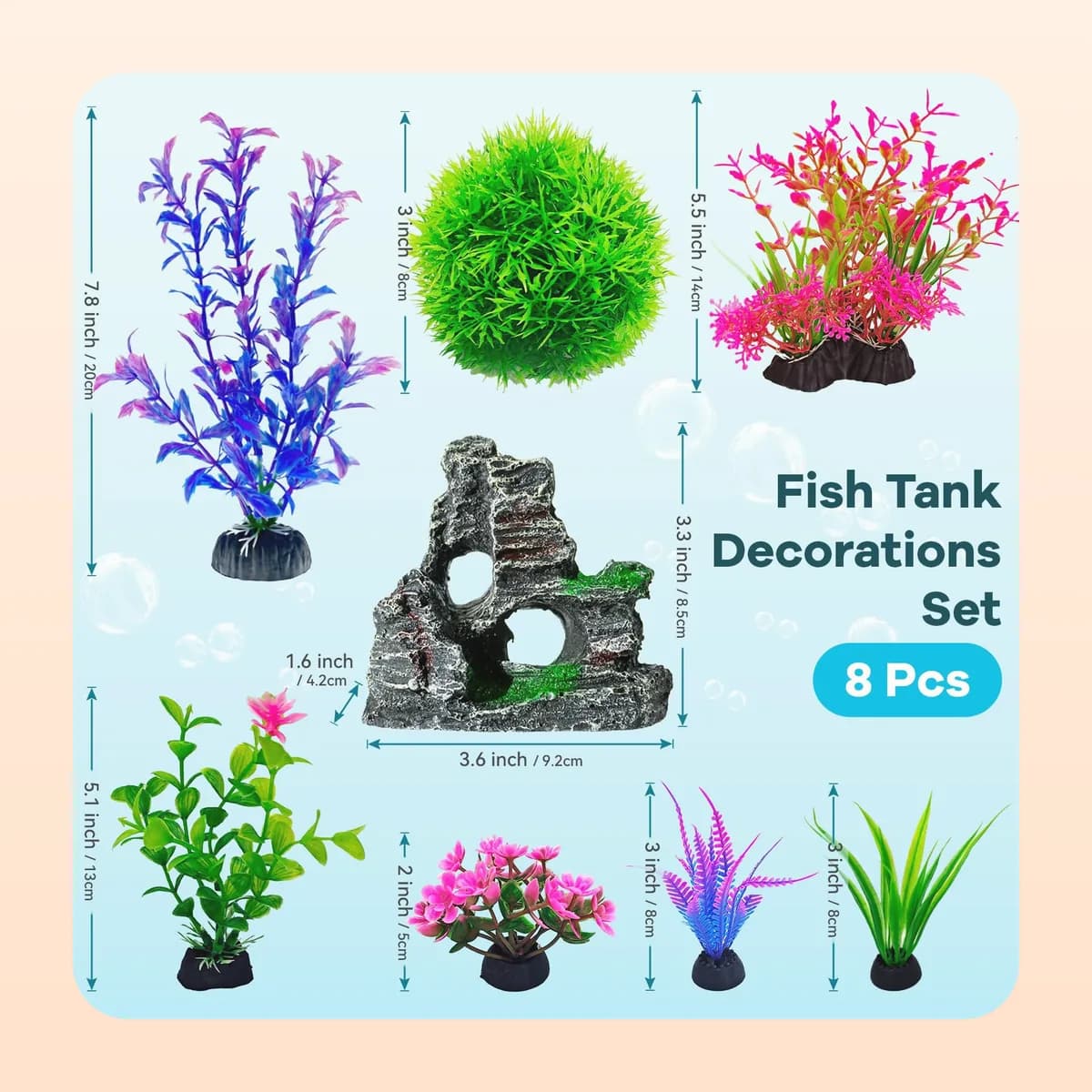 The Kindral decor set arranged in a planted fish tank