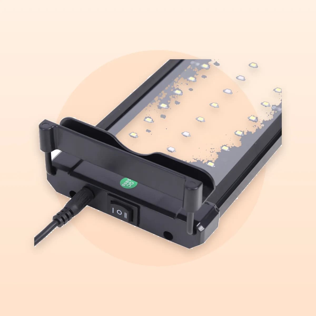 Close-up of the end cap and rocker switch on the Kindral LED bar