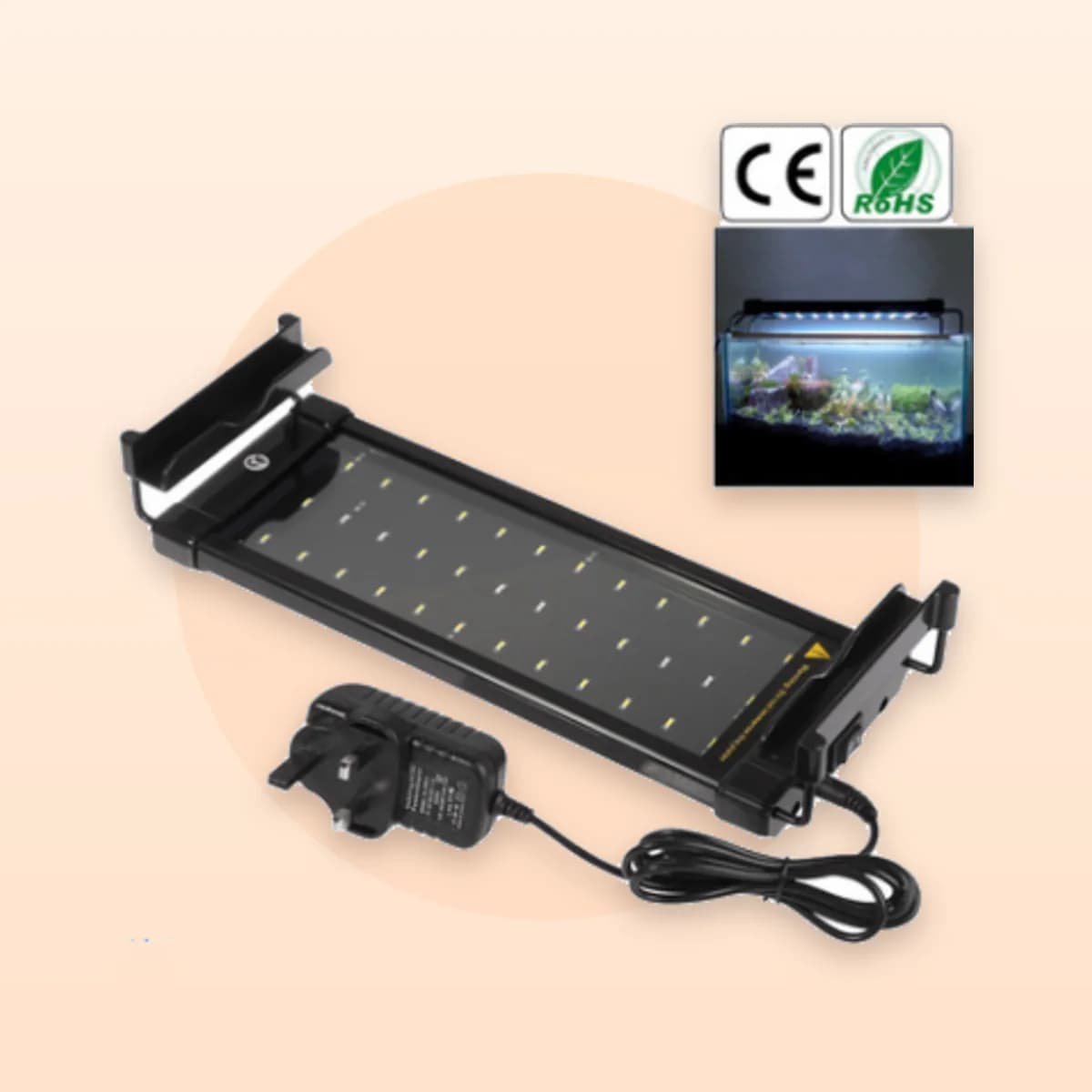 The Kindral LED bar with its UK three-pin power adapter