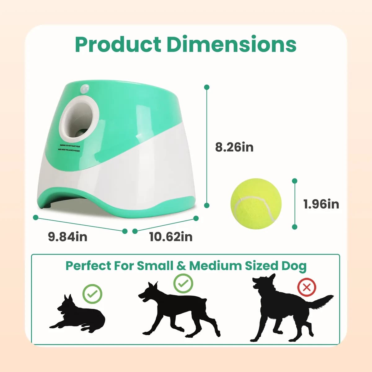Dimensions of the Kindral ball launcher, 25 by 27 by 21 centimetres