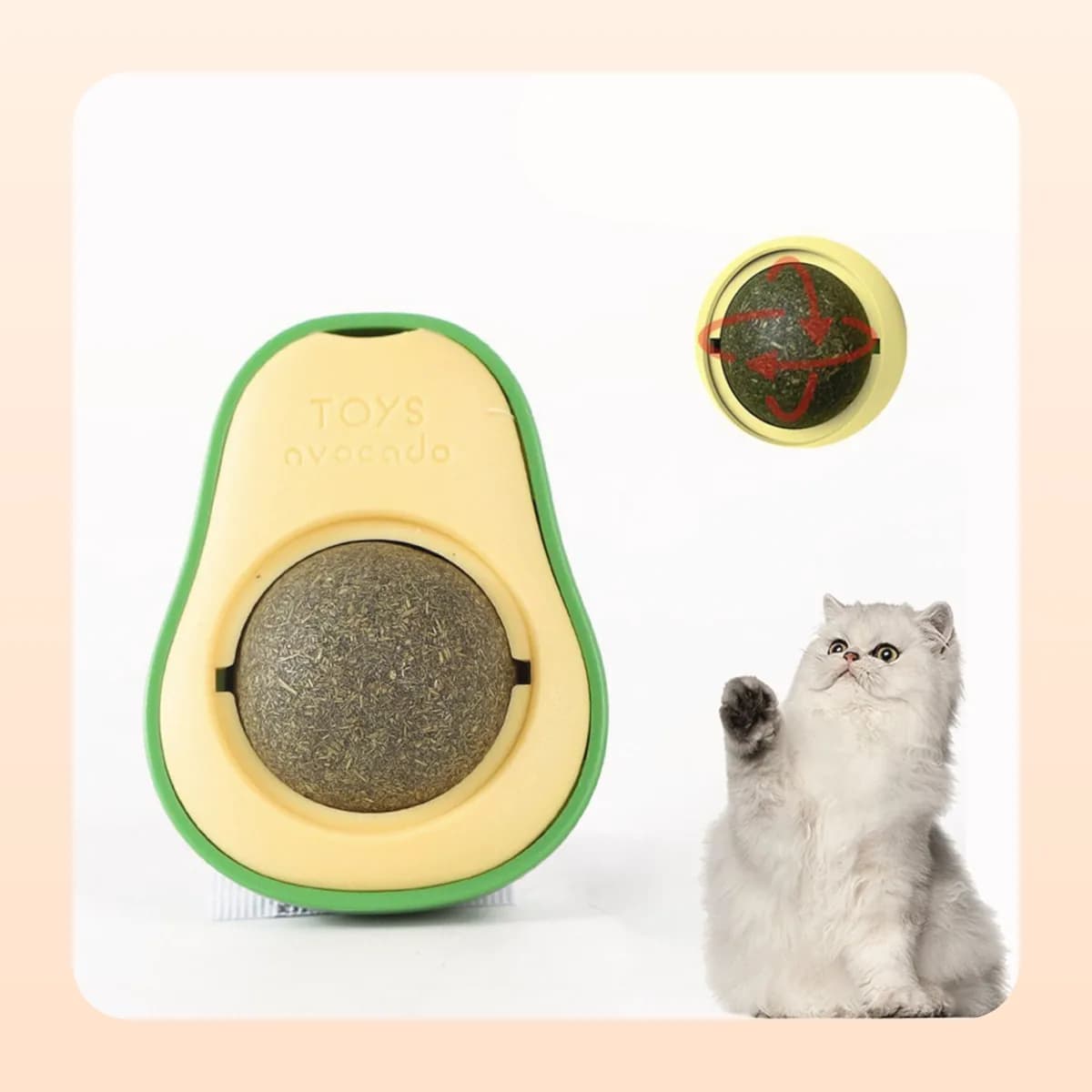 Kindral avocado wall toy with a silvervine gall ball, and a cat reaching for it