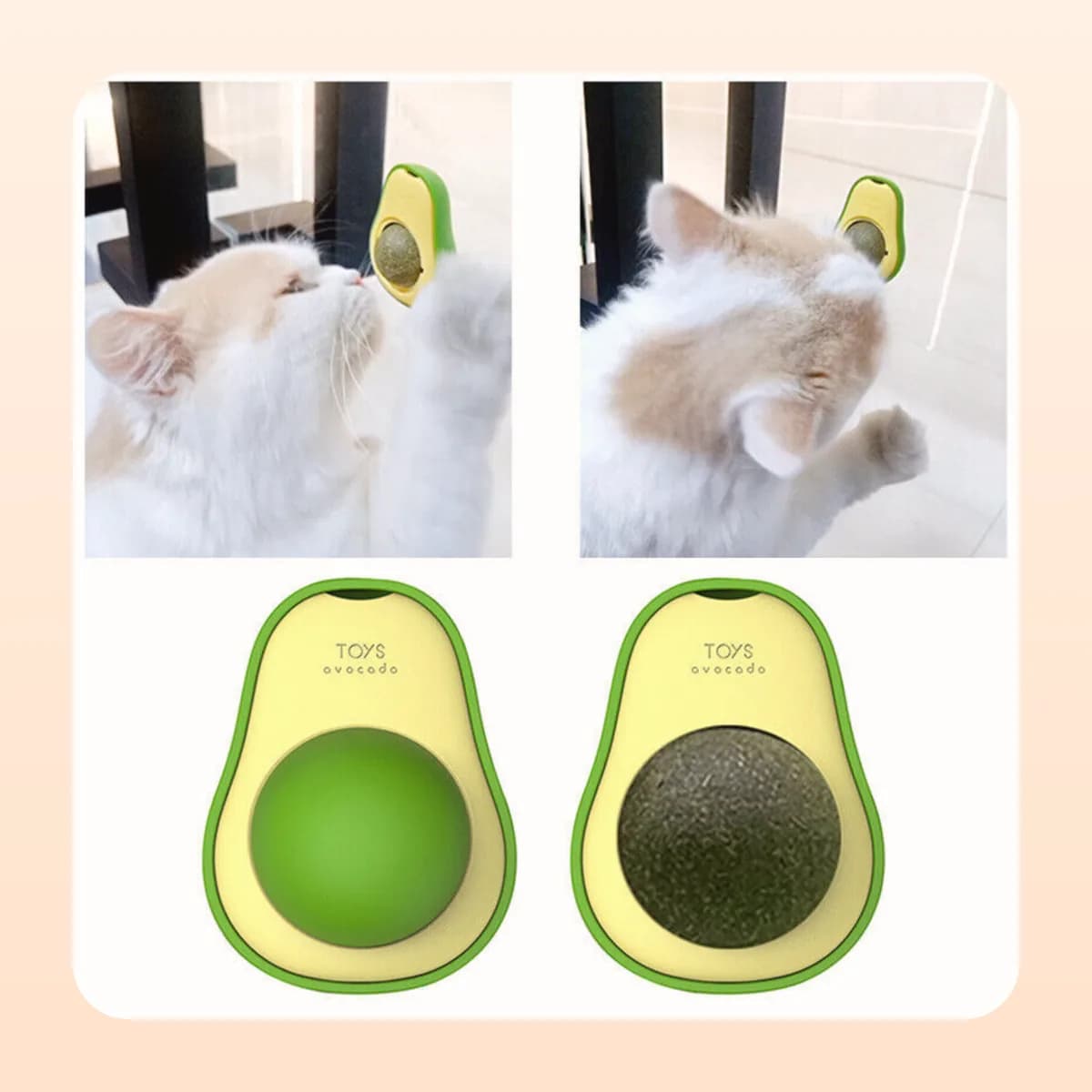Cats playing with the Kindral avocado wall toy