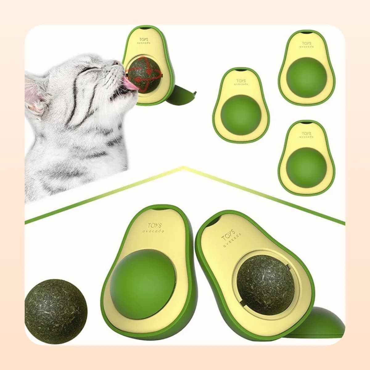 Cat licking the Kindral avocado catnip wall toy