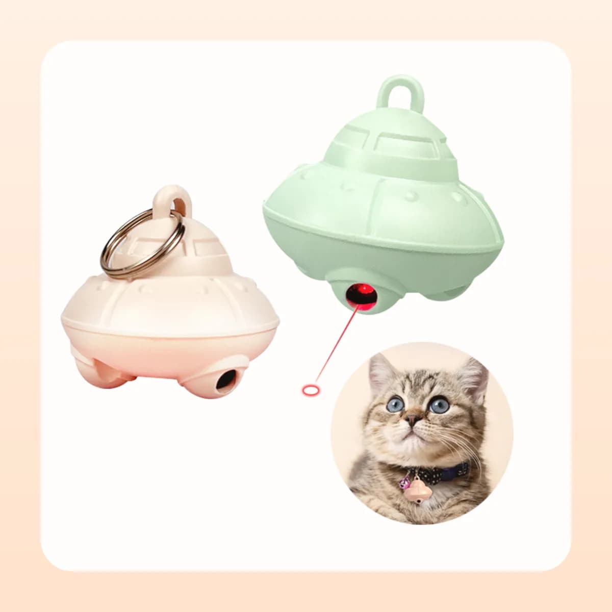 The Kindral collar laser pendant in both colours, worn on a cat's collar