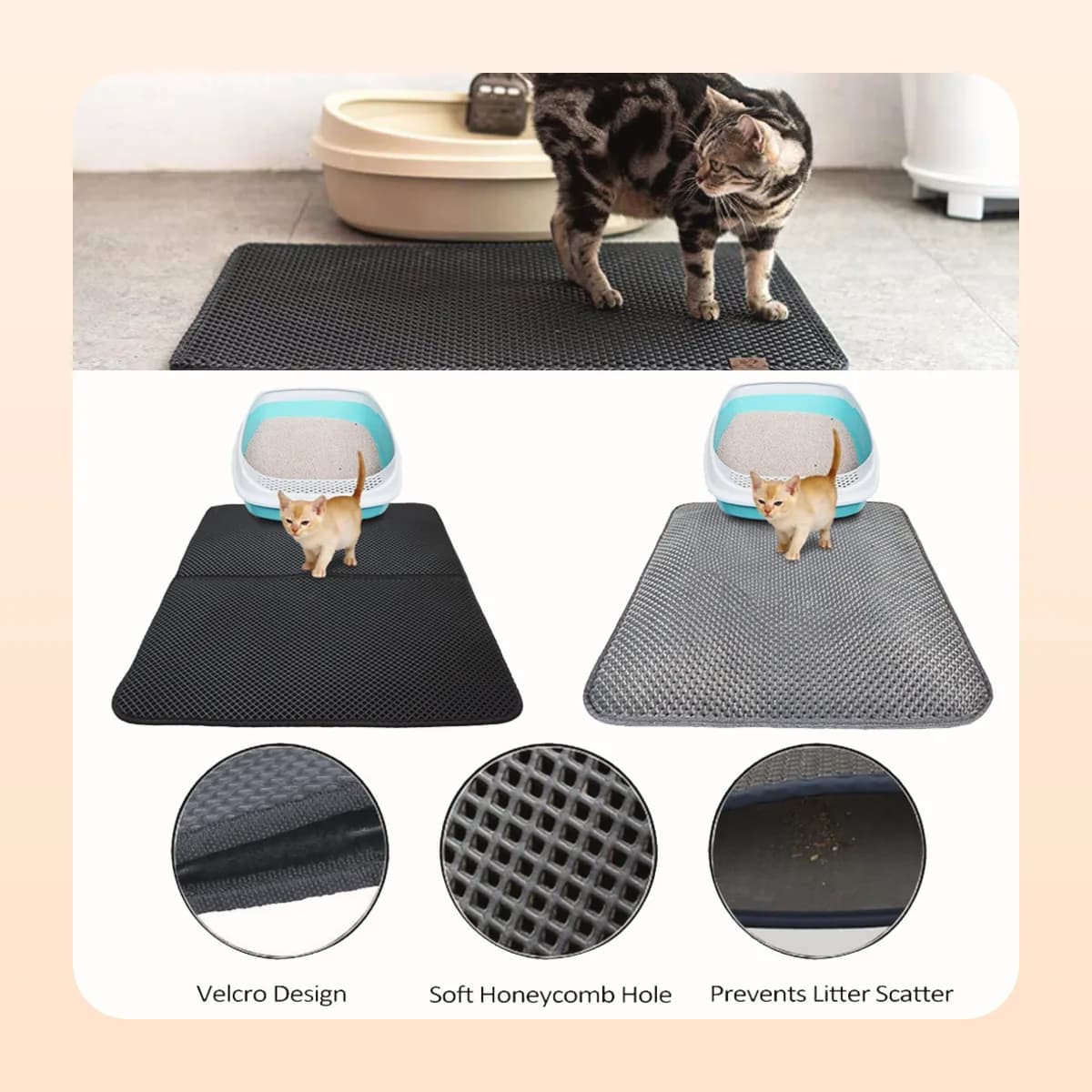 Kindral litter mat shown in black and grey with its honeycomb detail