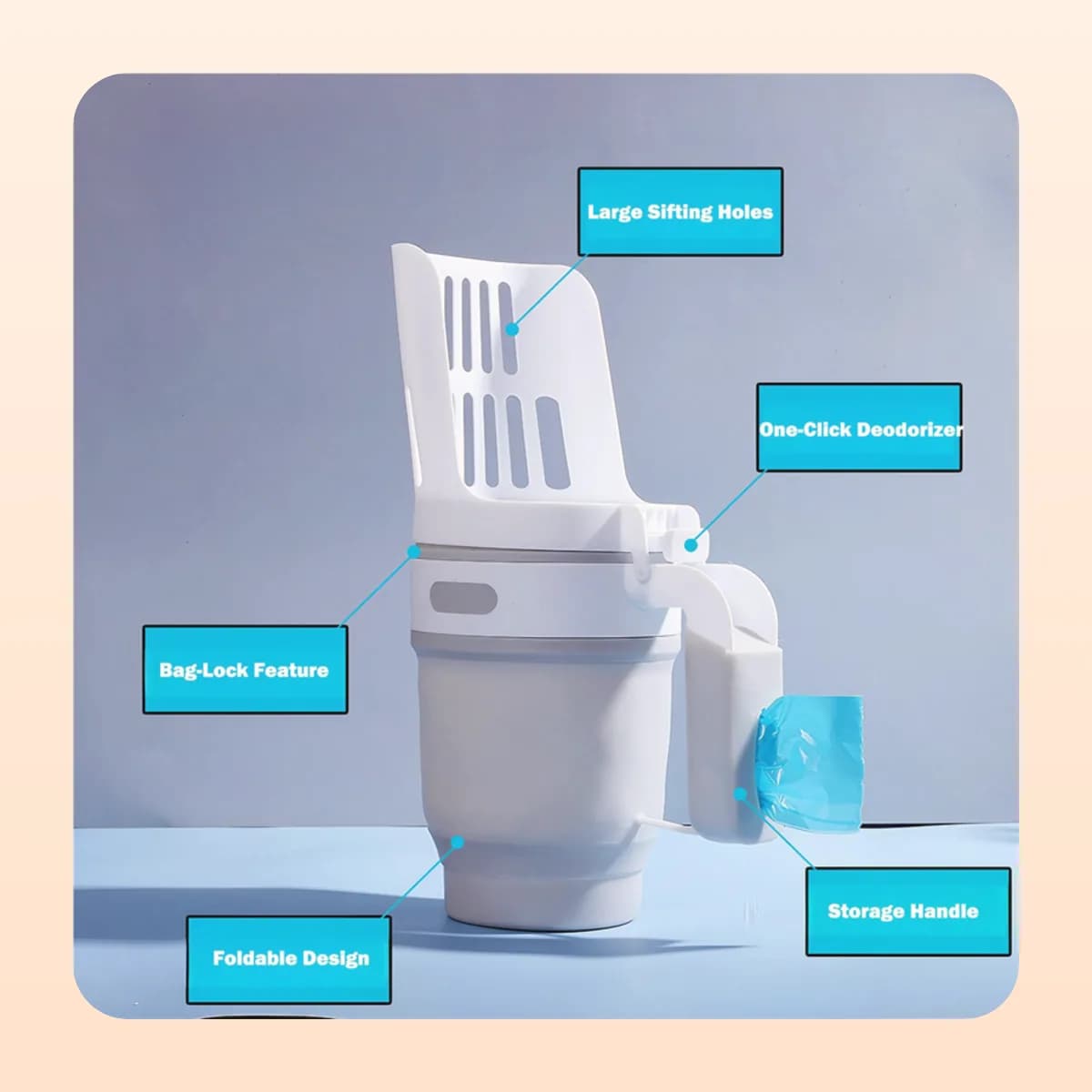 Kindral litter scoop features: sifting holes, deodoriser button, bag lock
