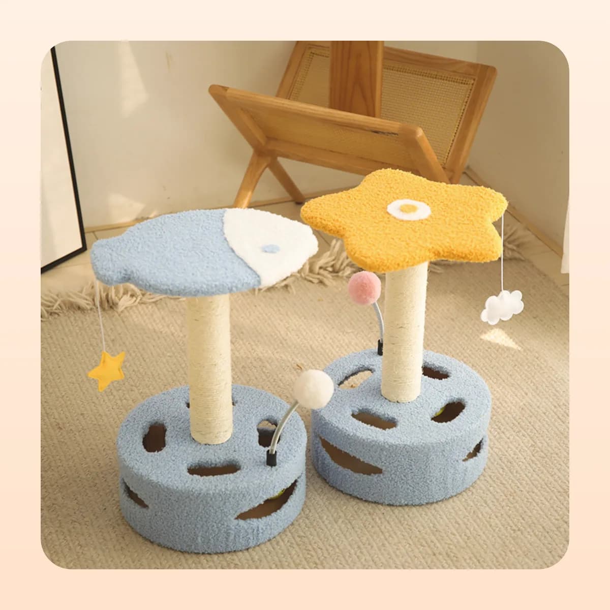 Kindral cat scratching post with a fish top on the play drum base