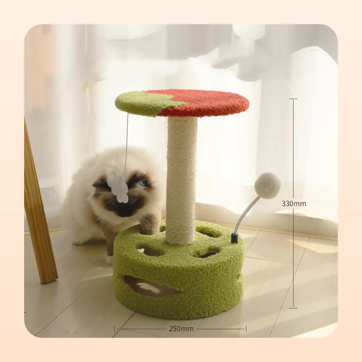Kindral scratching post with a tomato top on the play drum base