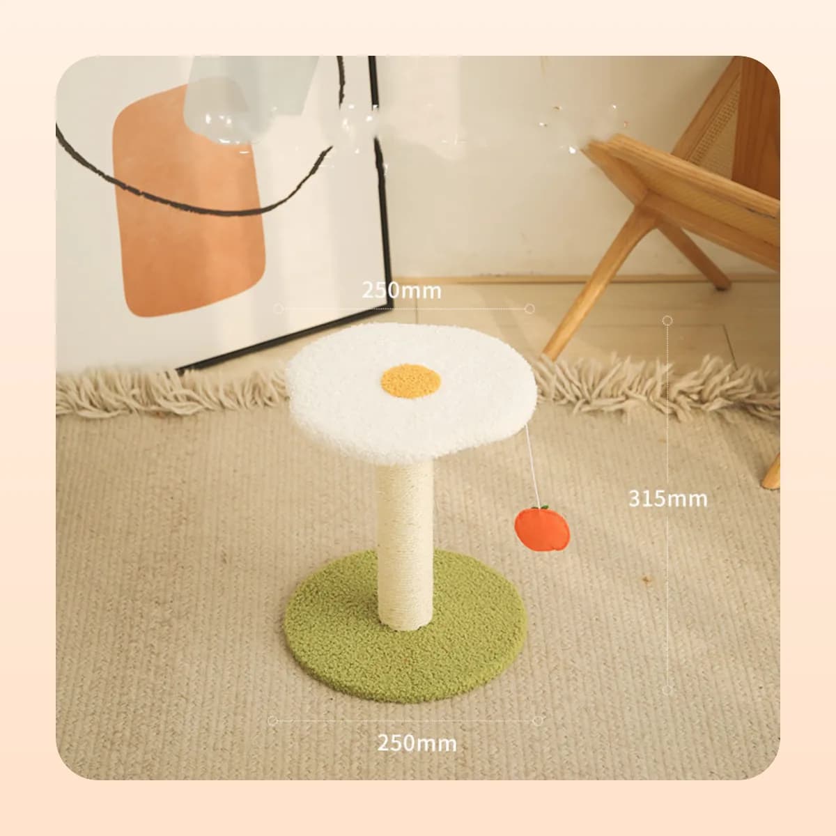 Kindral scratching post with a fried egg top on the flat base