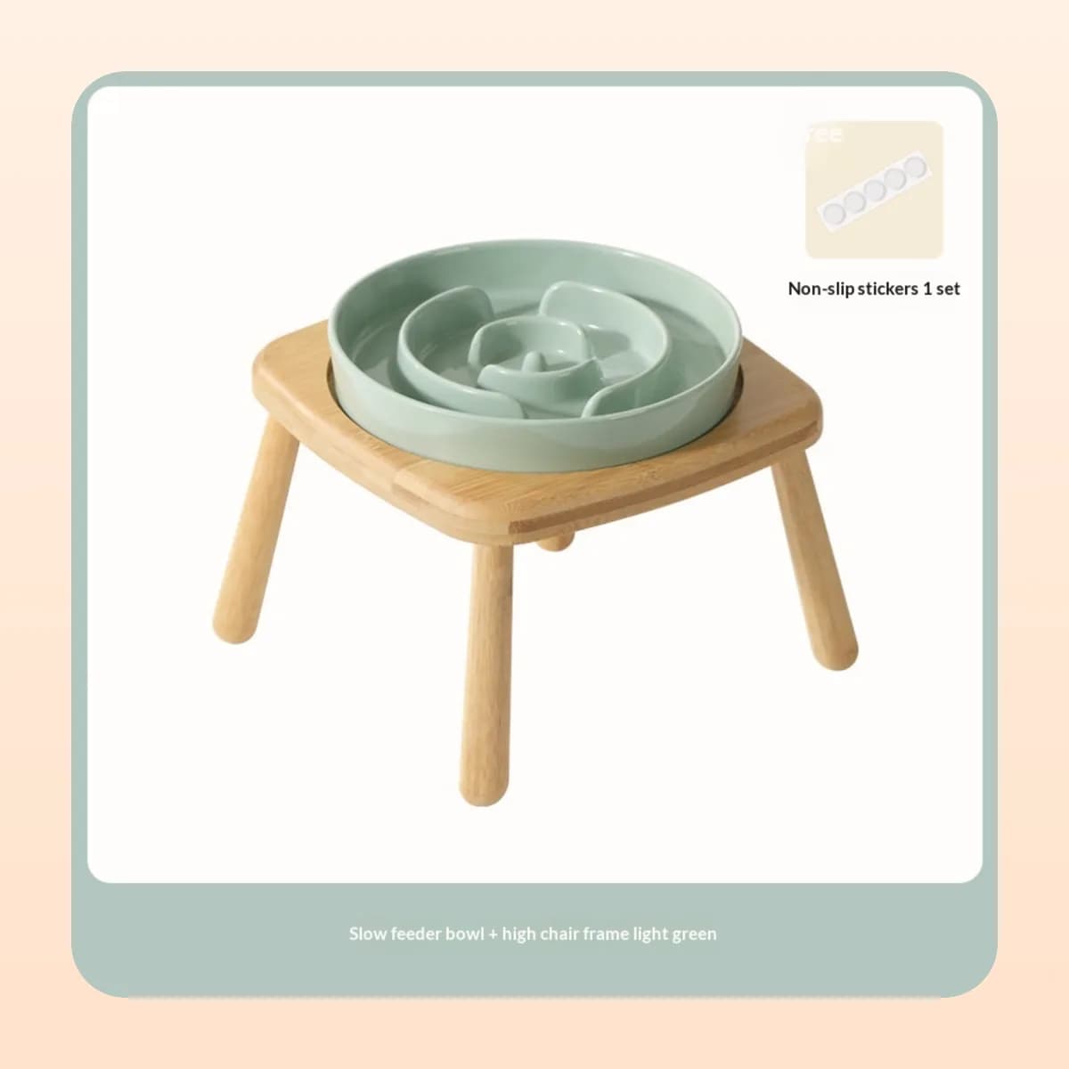 Kindral ceramic slow feeder in light green on a single wooden stand