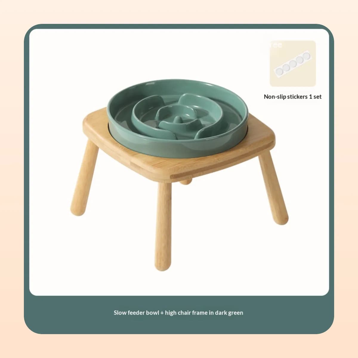 Kindral ceramic slow feeder in dark green on a single wooden stand