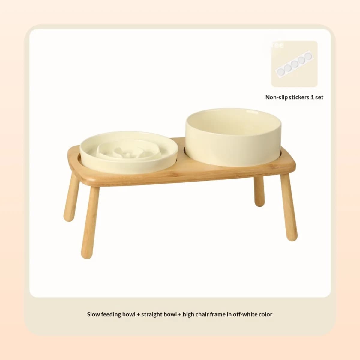 Kindral off-white slow feeder and water bowl on a double wooden stand