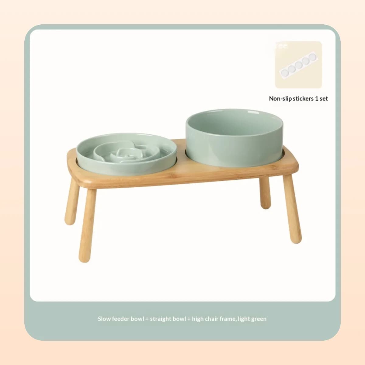 Kindral light green slow feeder and water bowl on a double wooden stand
