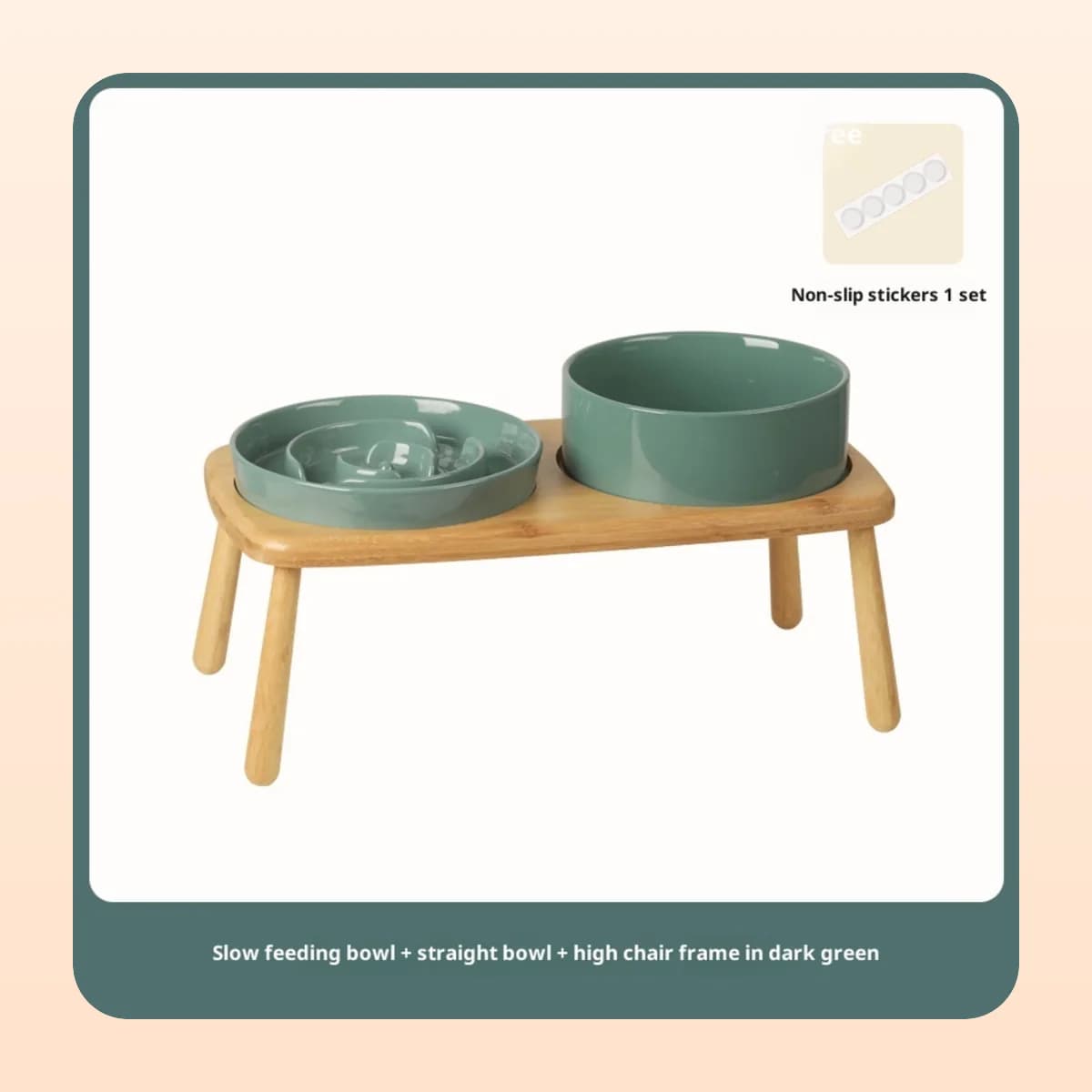 Kindral dark green slow feeder and water bowl on a double wooden stand