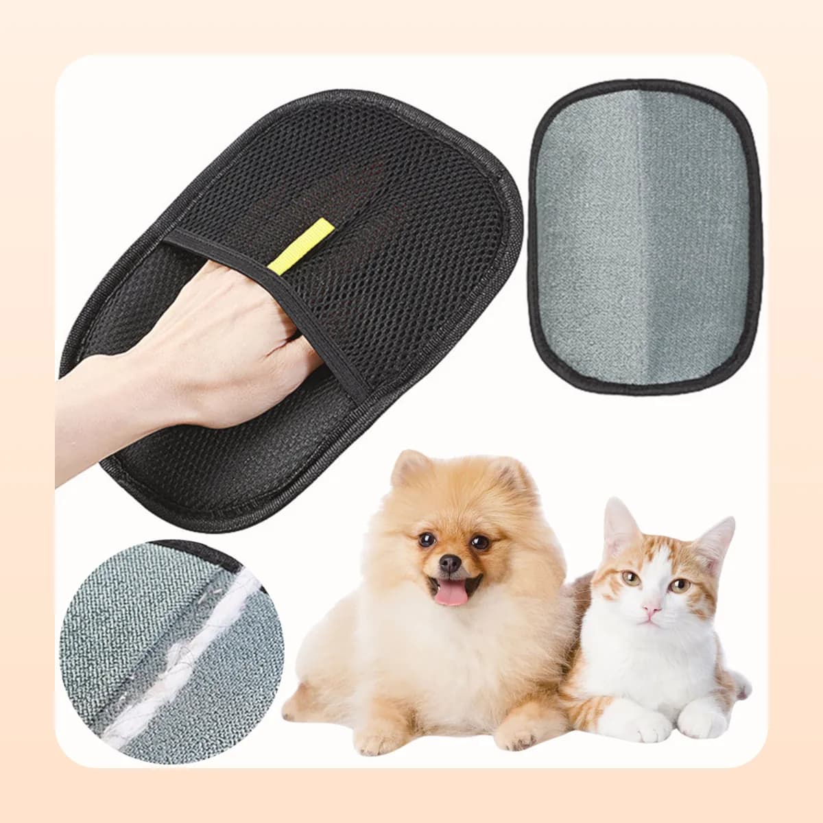 The Kindral hair mitt used on a dog and a cat