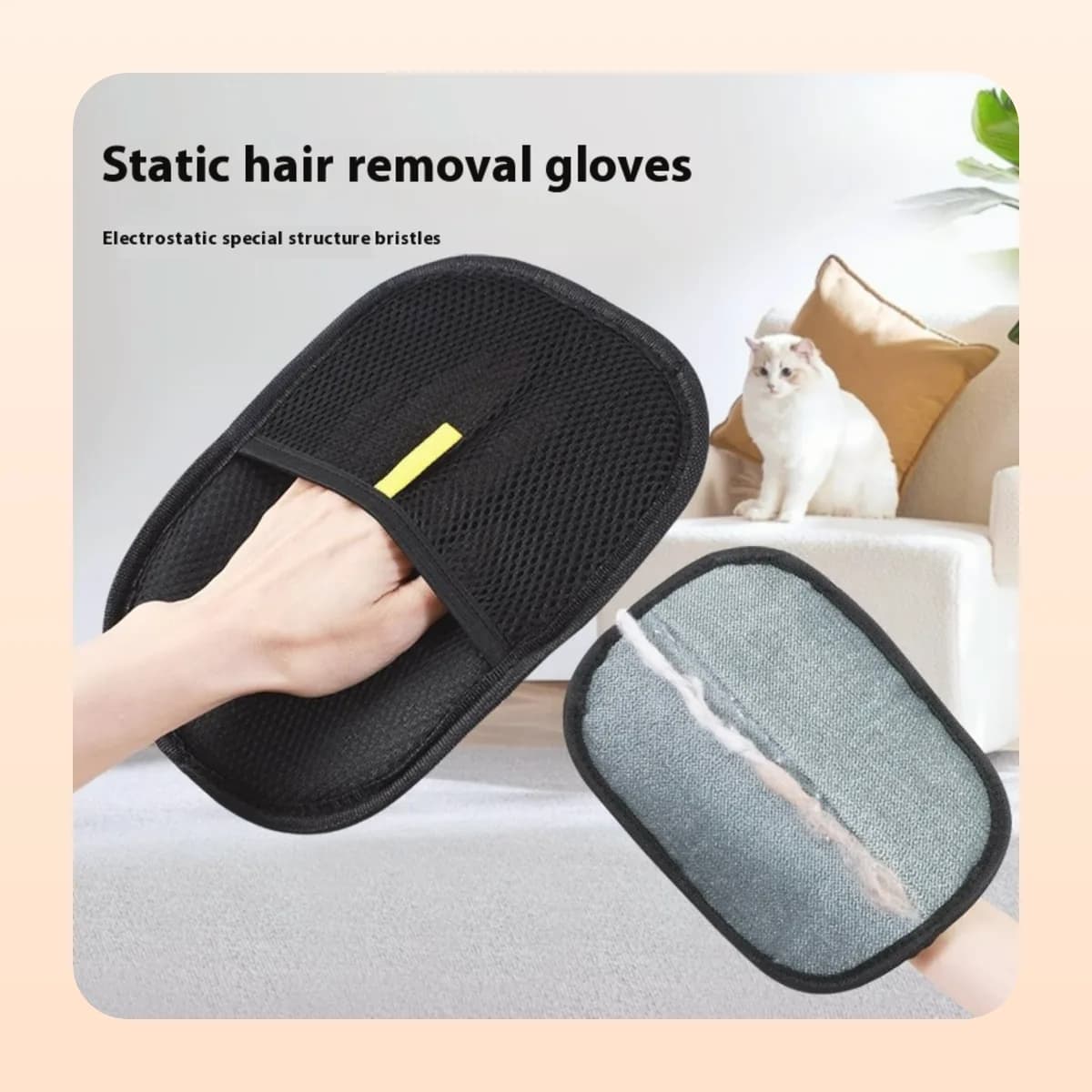 The Kindral mitt lifting hair from a sofa