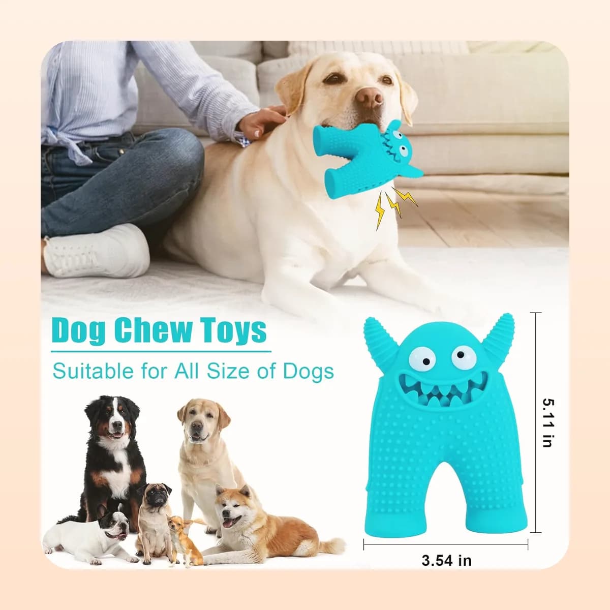 Dog carrying the Kindral monster chew toy; 13 by 9 cm