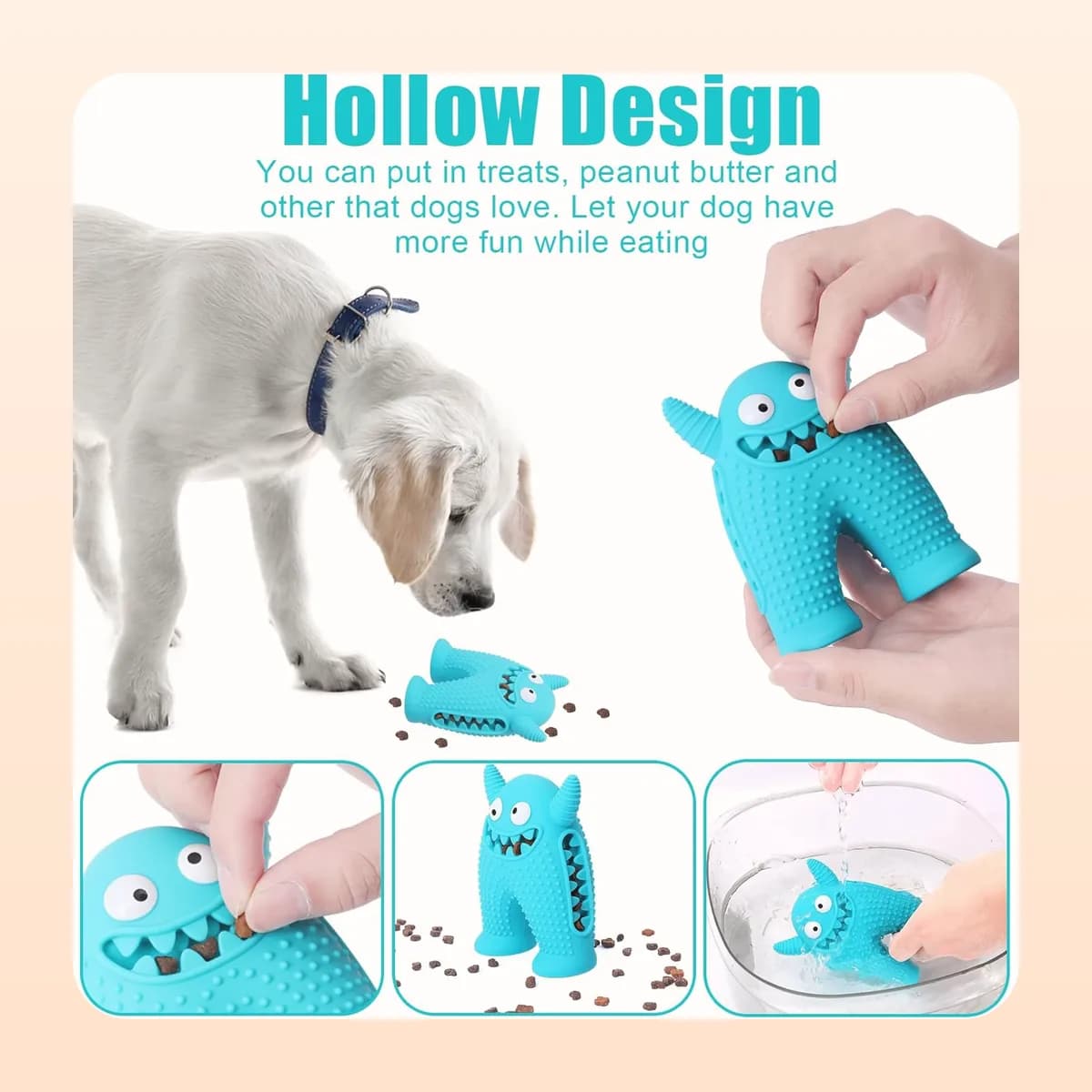 The hollow body takes treats or peanut butter