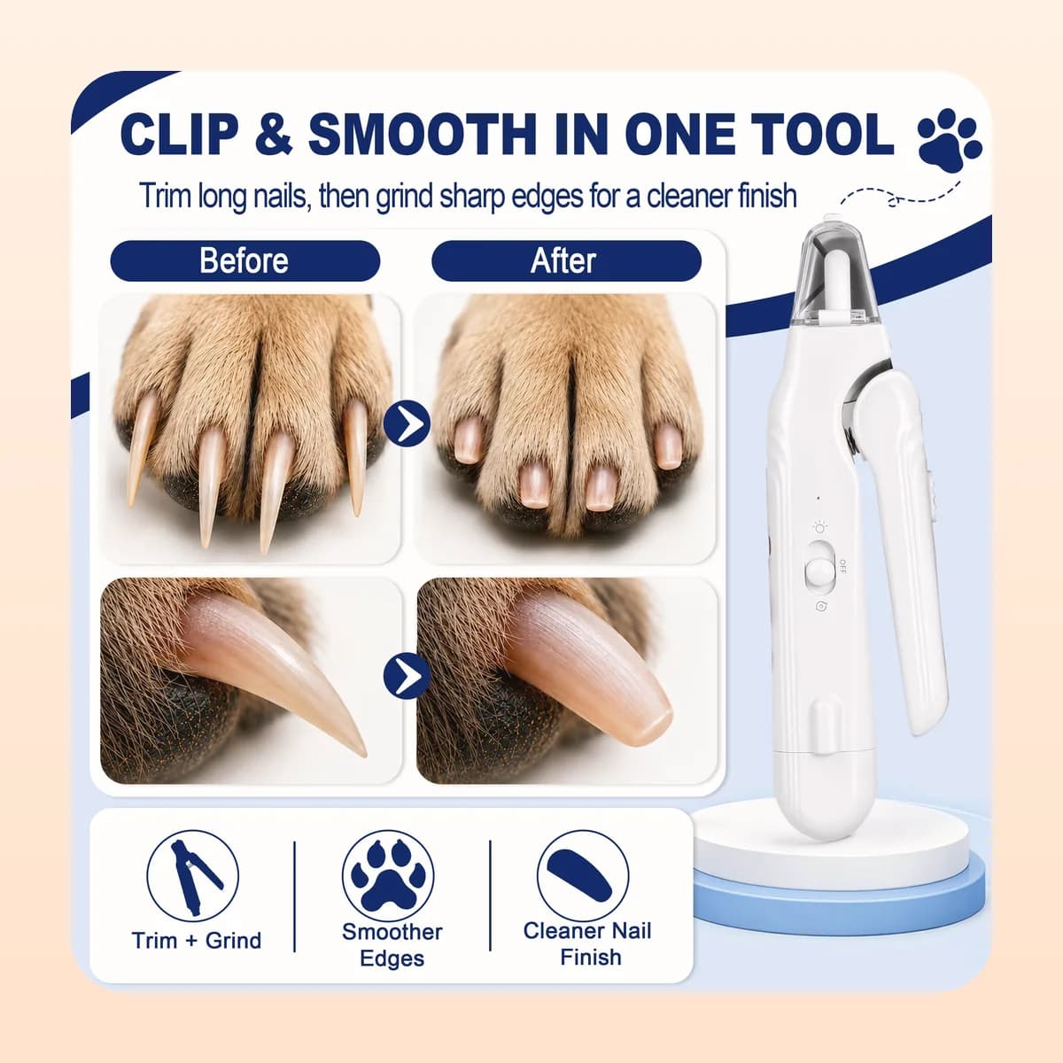 Before and after: long claws trimmed and rounded off
