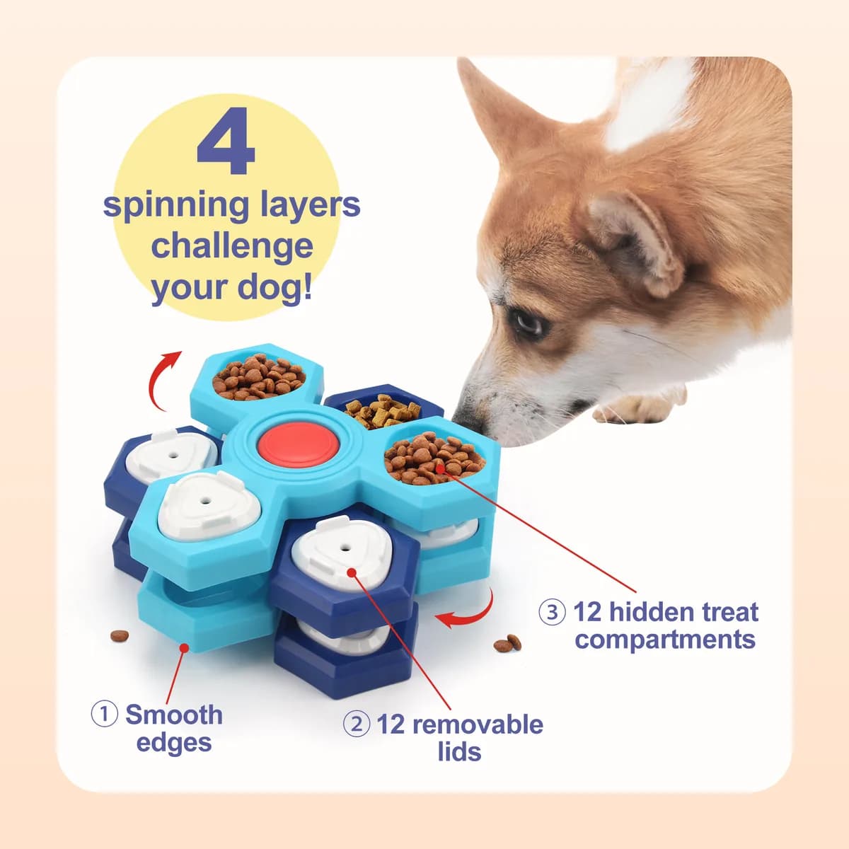 Four spinning layers, twelve removable lids, twelve treat compartments