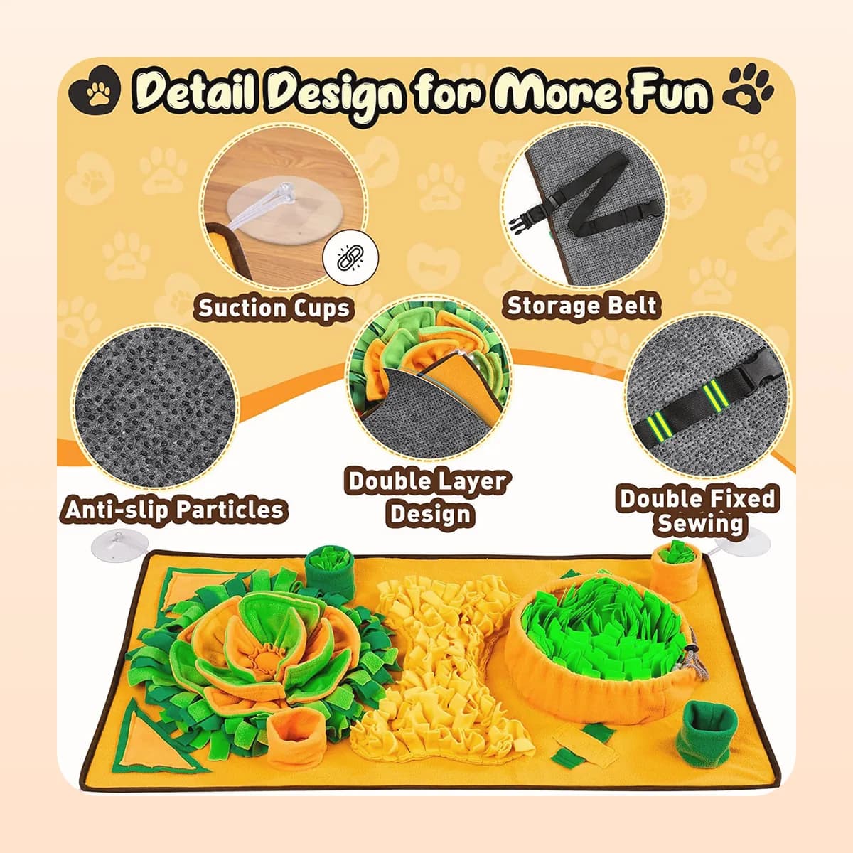 Kindral snuffle mat details: suction cups, storage belt, anti-slip particles