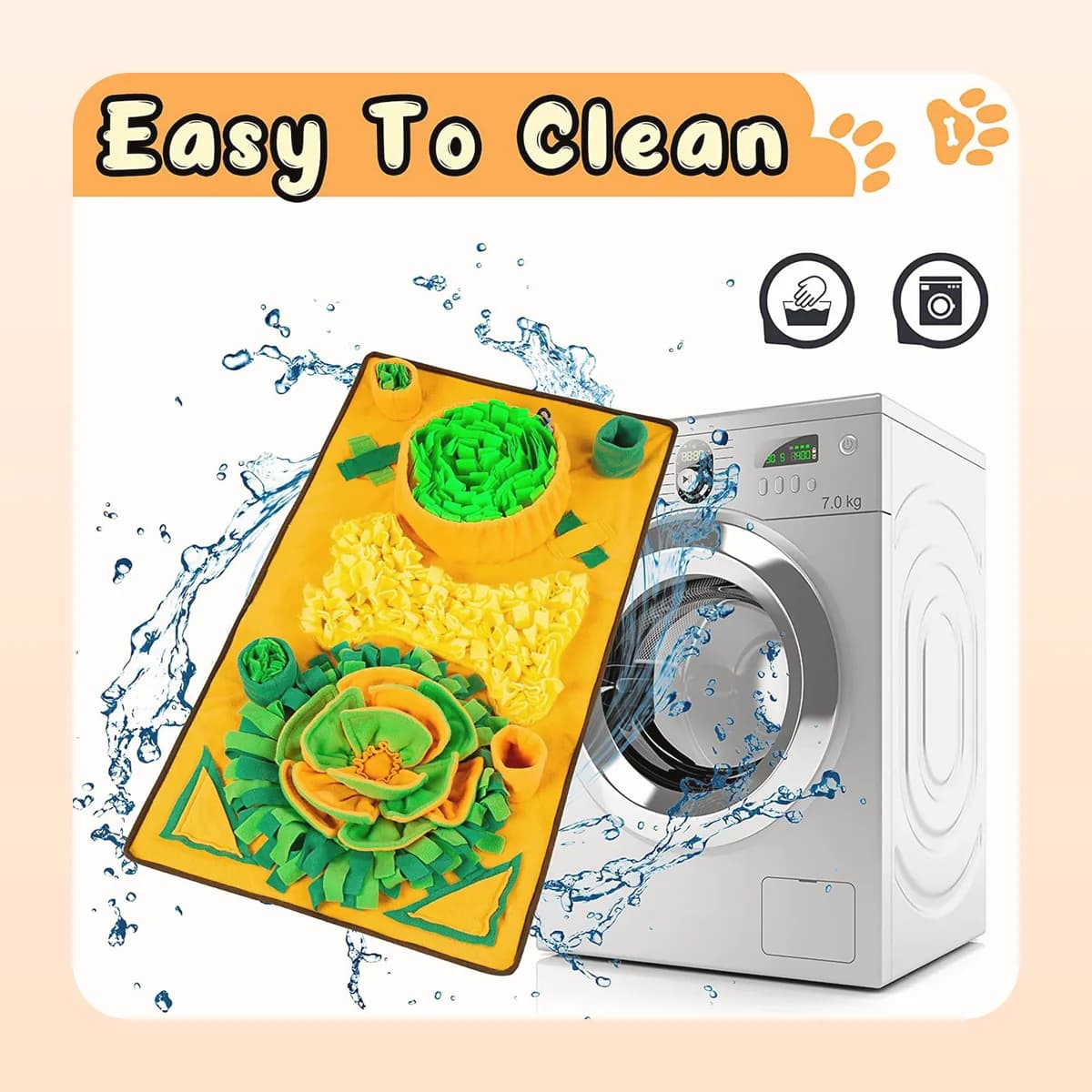 The Kindral snuffle mat goes in the washing machine
