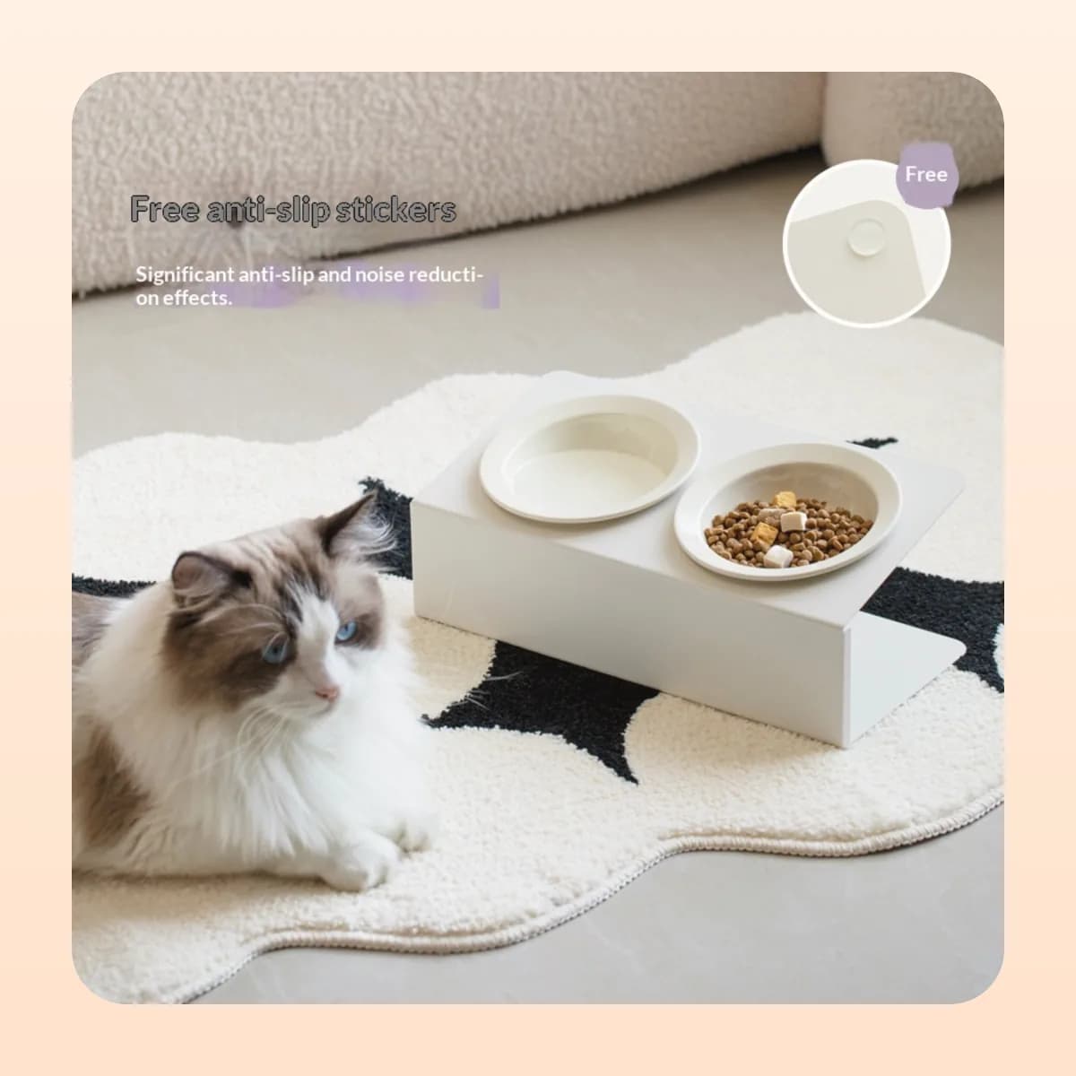 Kindral double bowl stand on a rug with a cat beside it