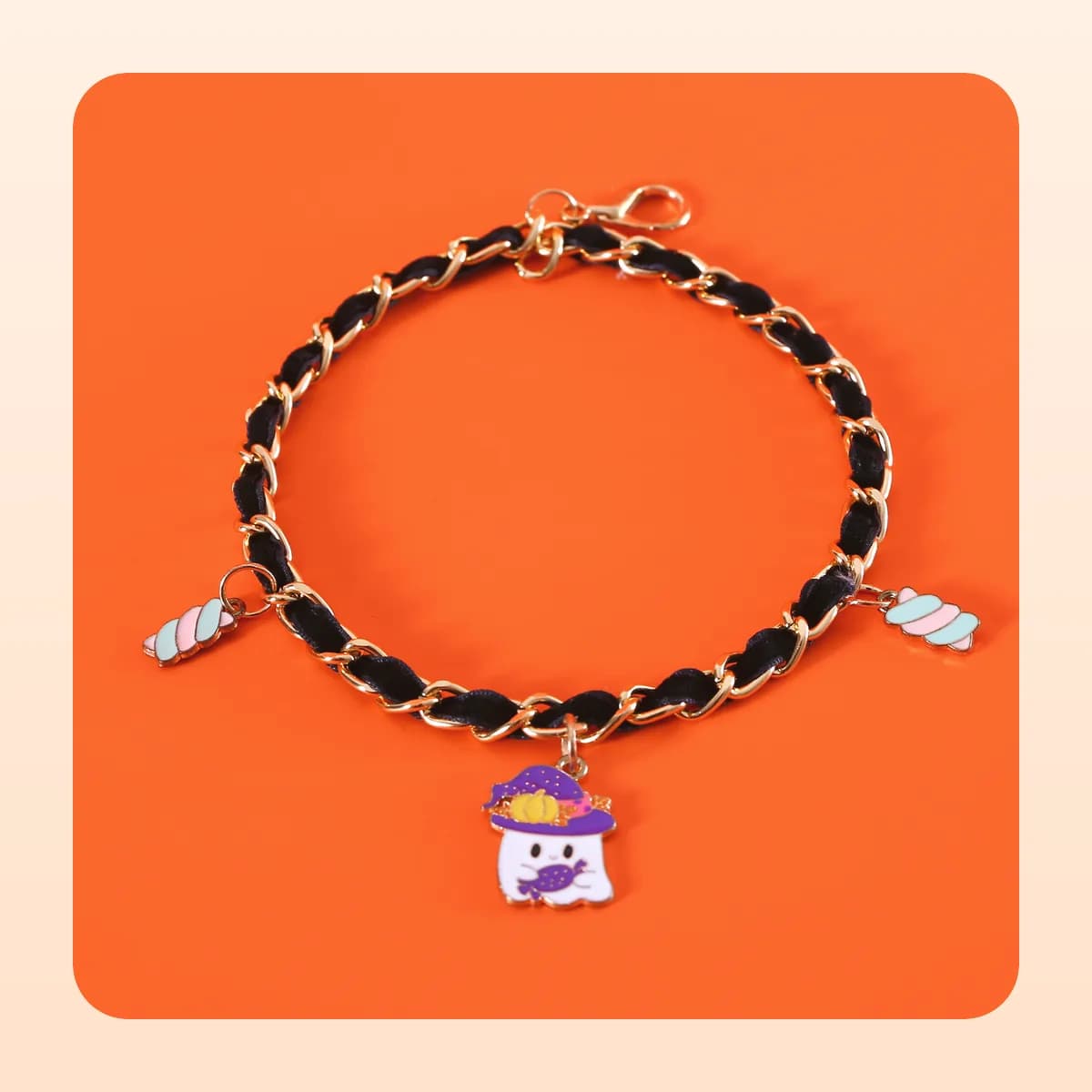 Kindral Halloween charm necklace with the ghost in a witch hat charm