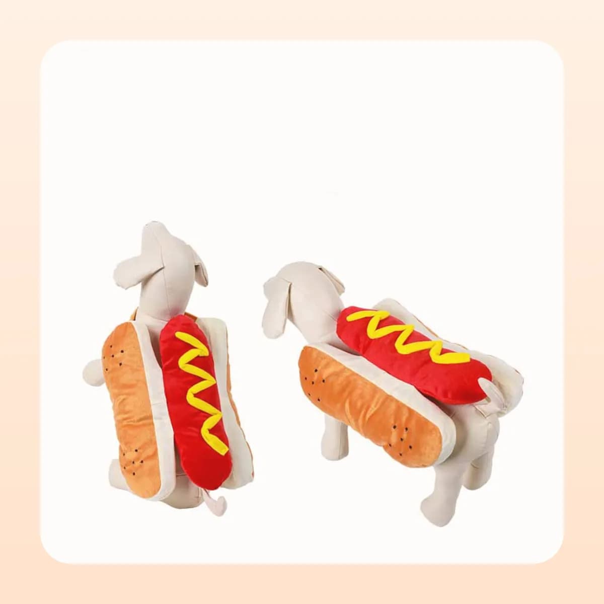 Two views of the Kindral hot dog costume on a display form