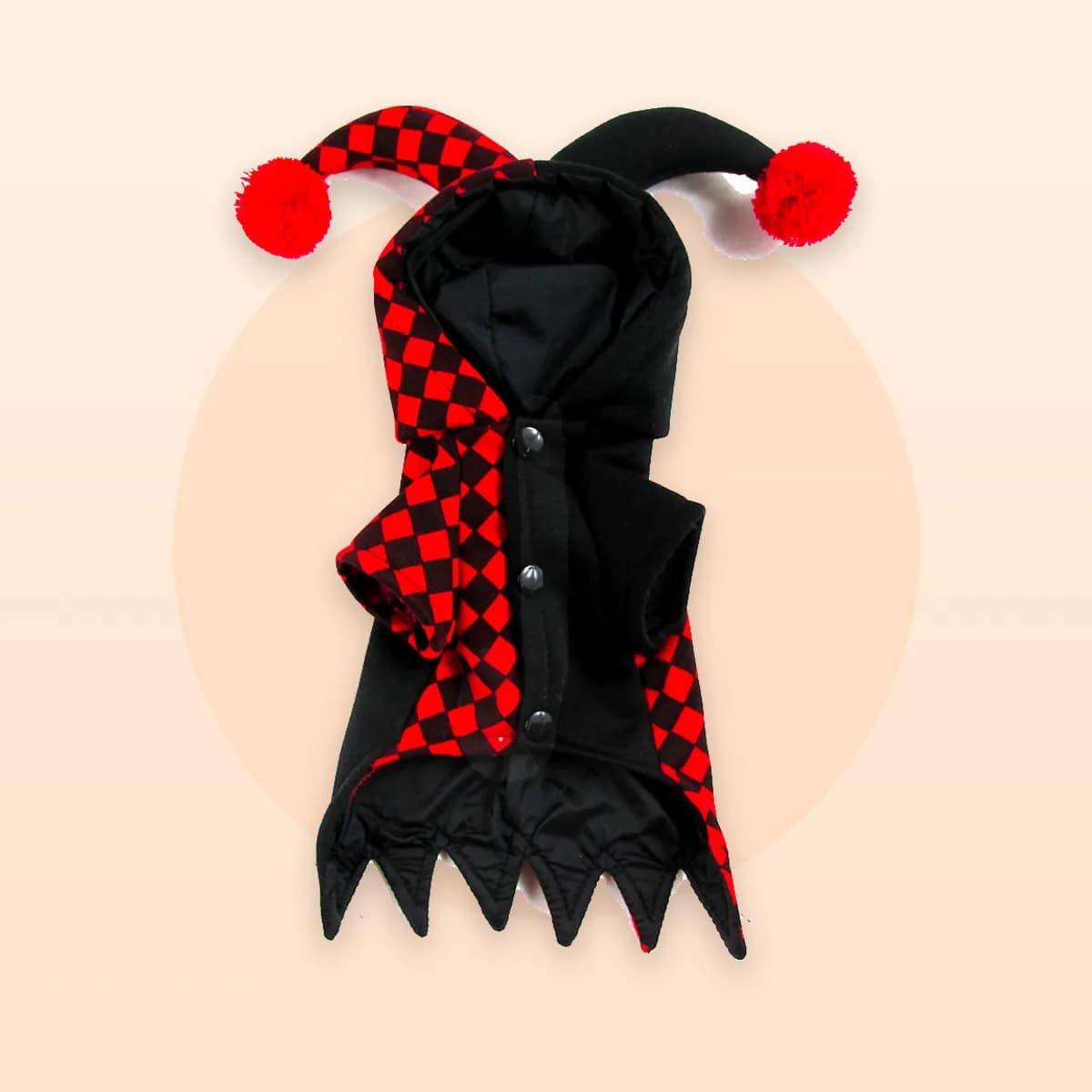 Back view of the Kindral jester costume showing the press studs