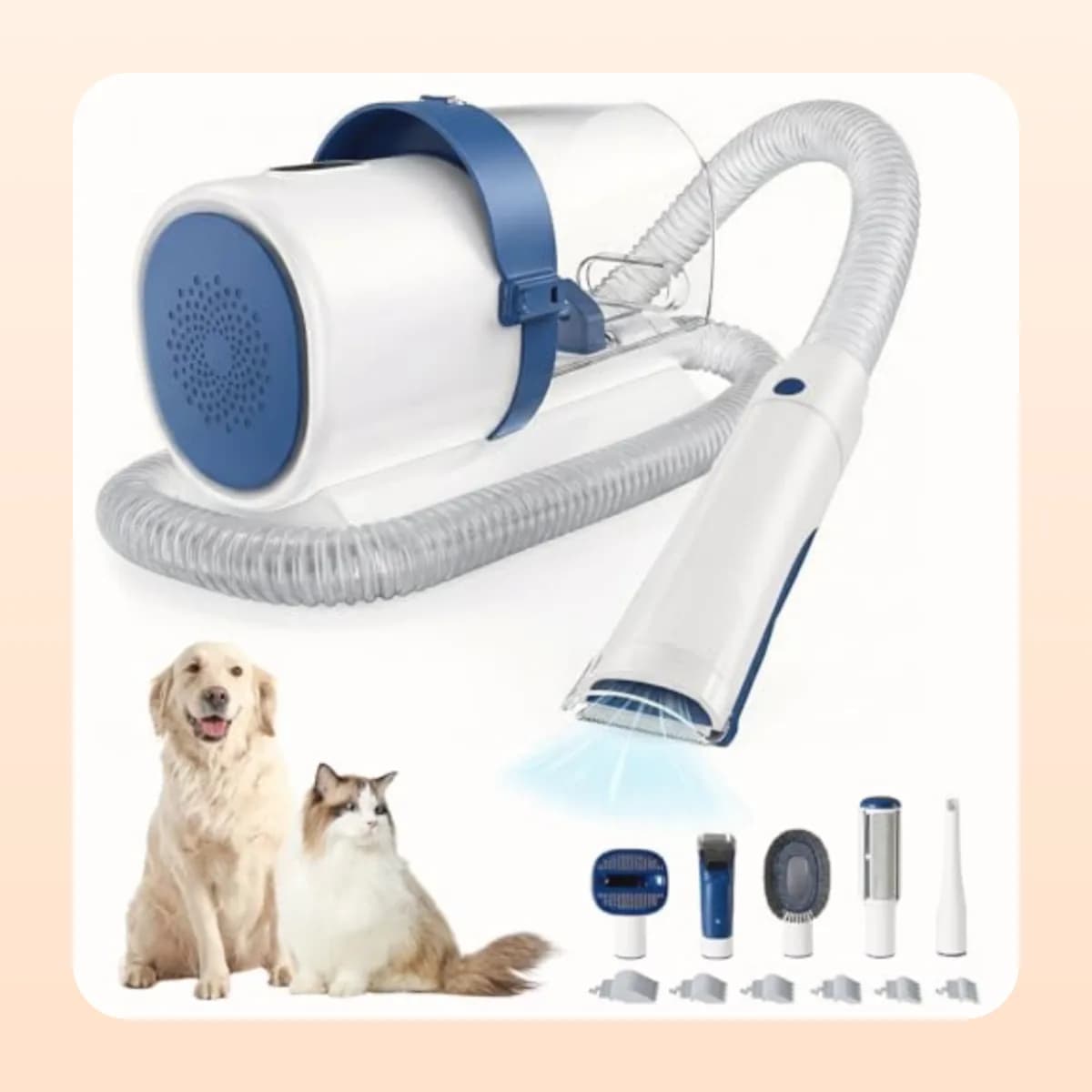 Kindral pet grooming vacuum kit in white and blue with its five attachment heads