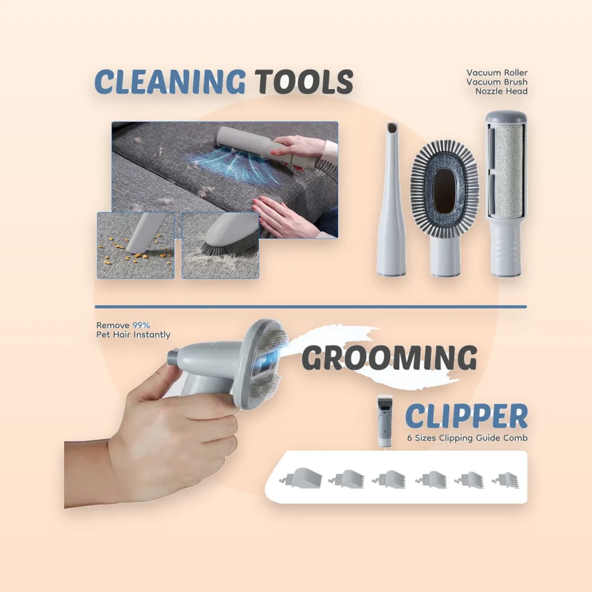 The five heads that fit the Kindral grooming vacuum hose