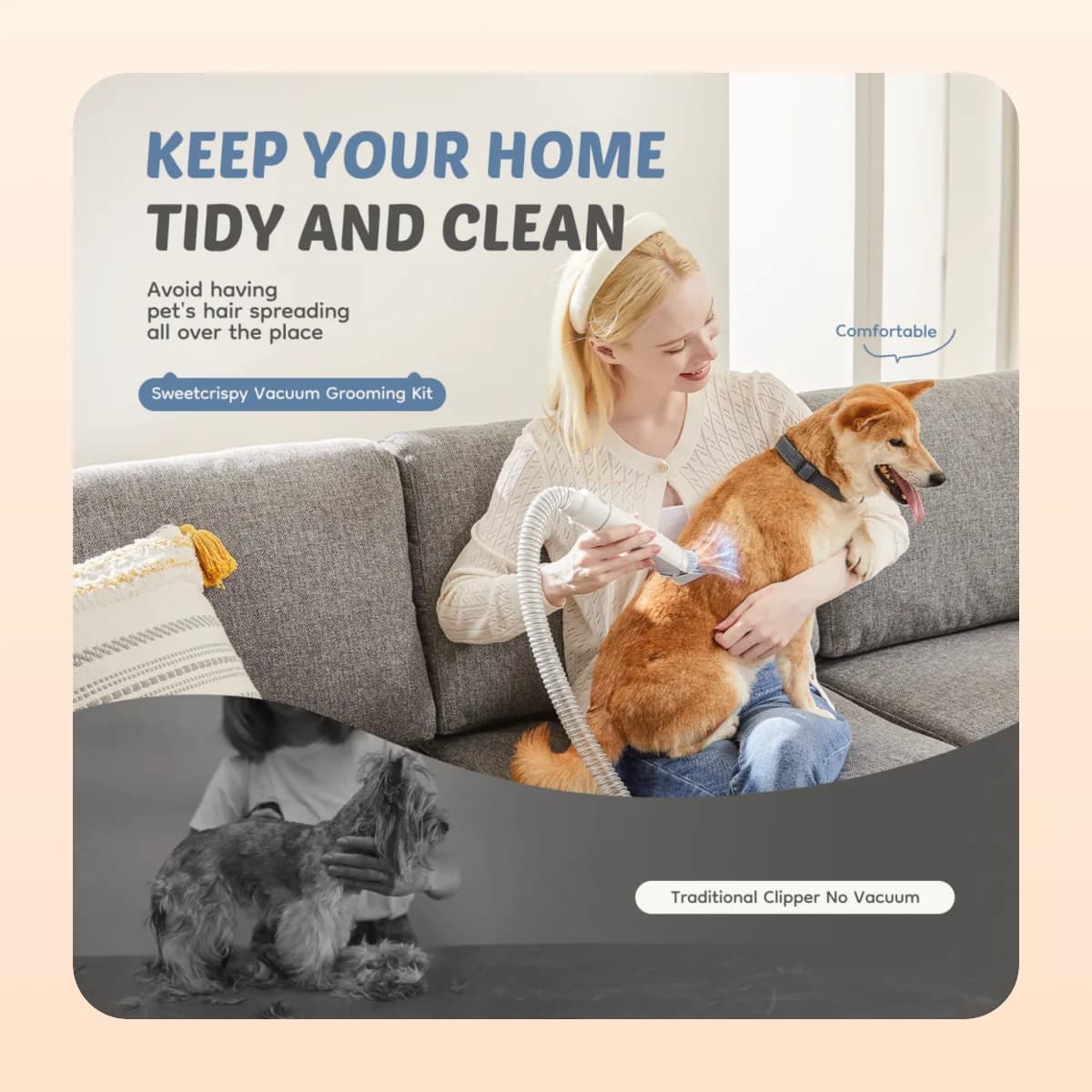 Someone grooming a shiba inu on a sofa with the Kindral vacuum kit