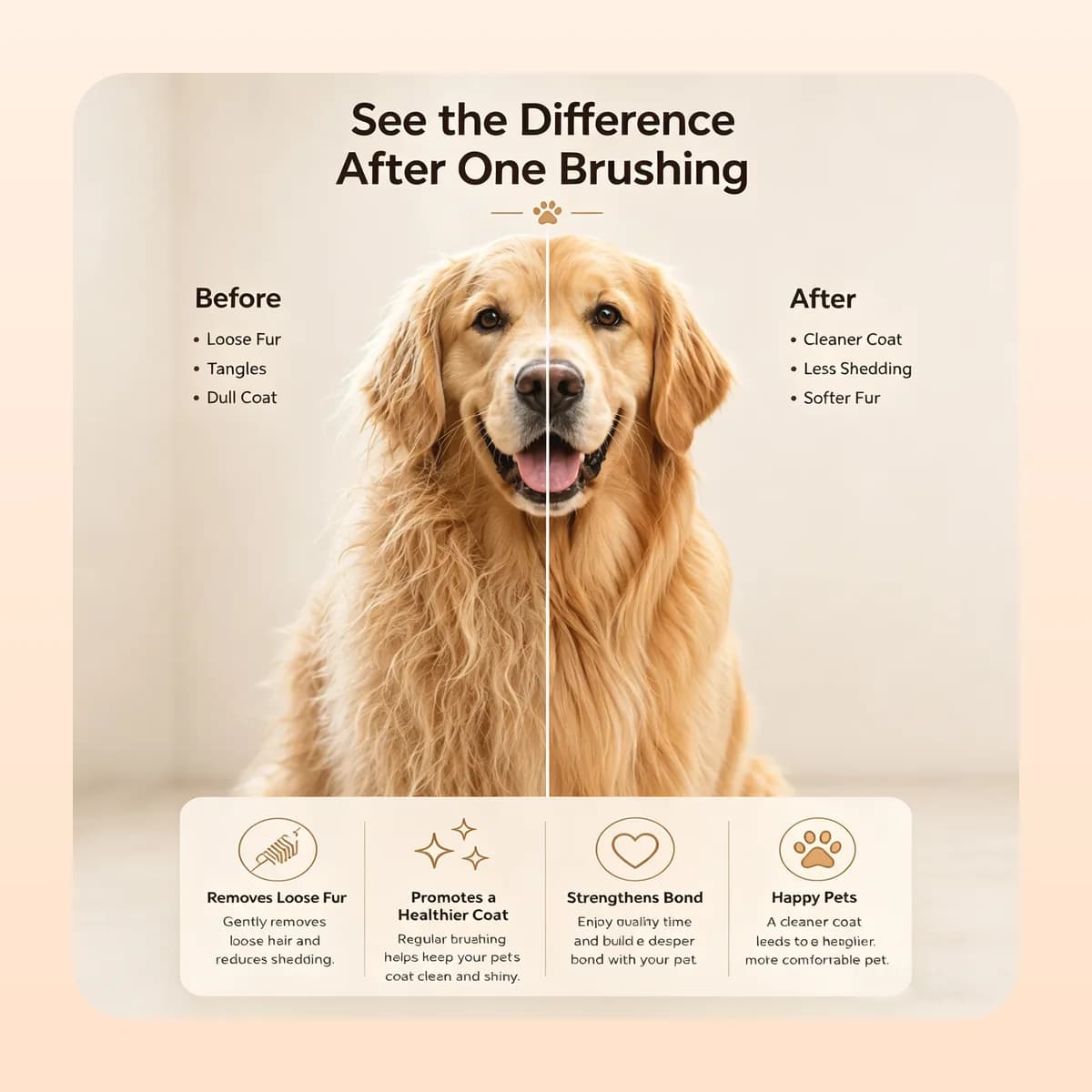 A golden retriever's coat before and after one brushing