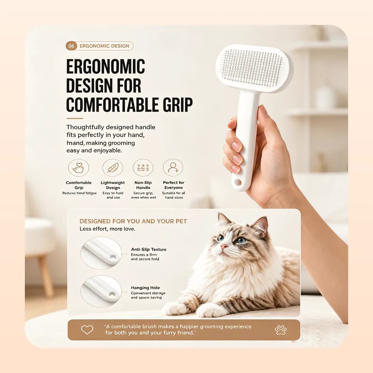 Non-slip ergonomic handle with a hanging hole