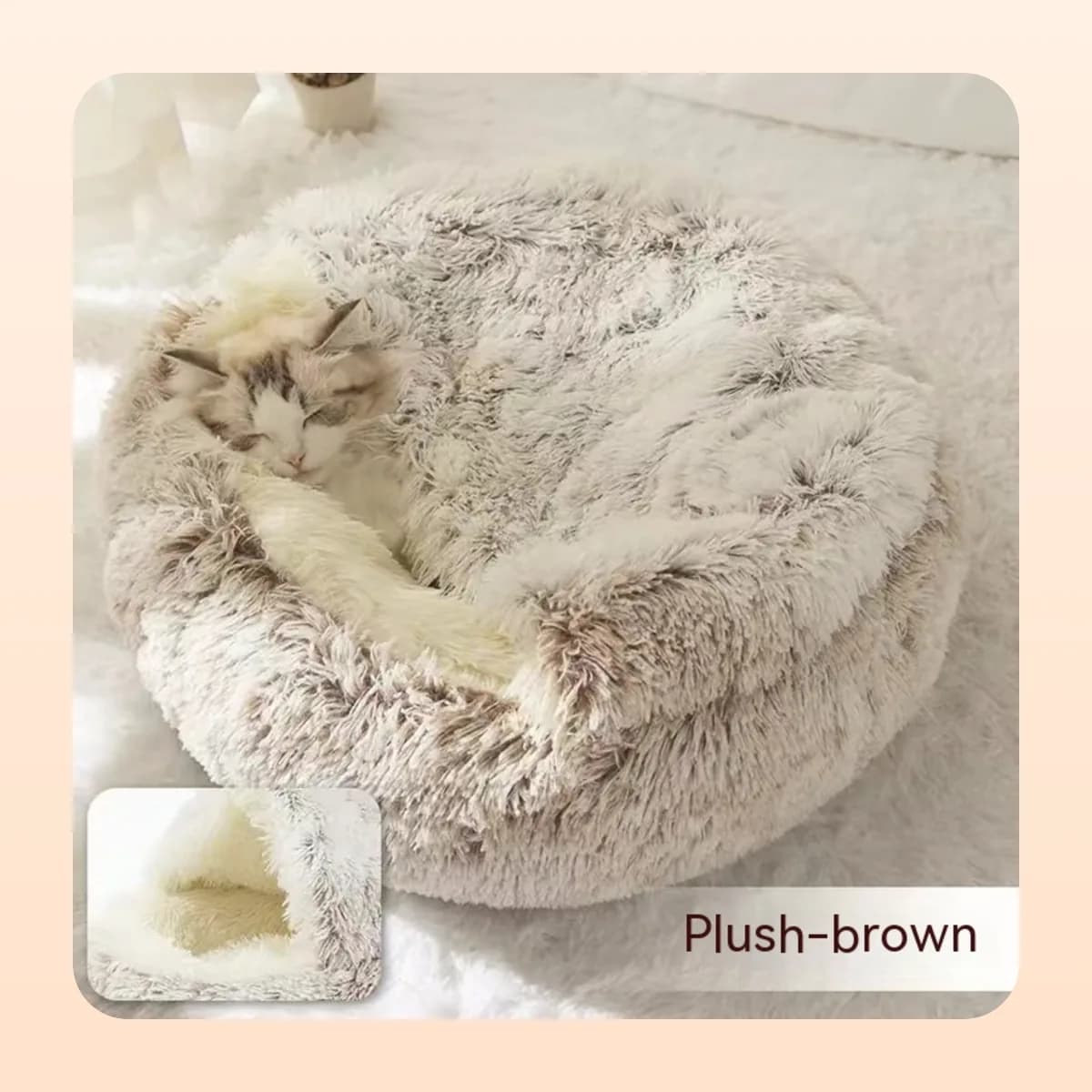 Kindral plush burrow bed in brown with a cat resting inside