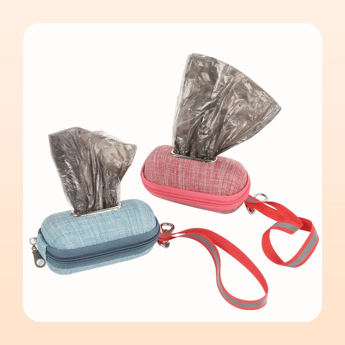 Kindral poop bag dispensers in blue and rose red together