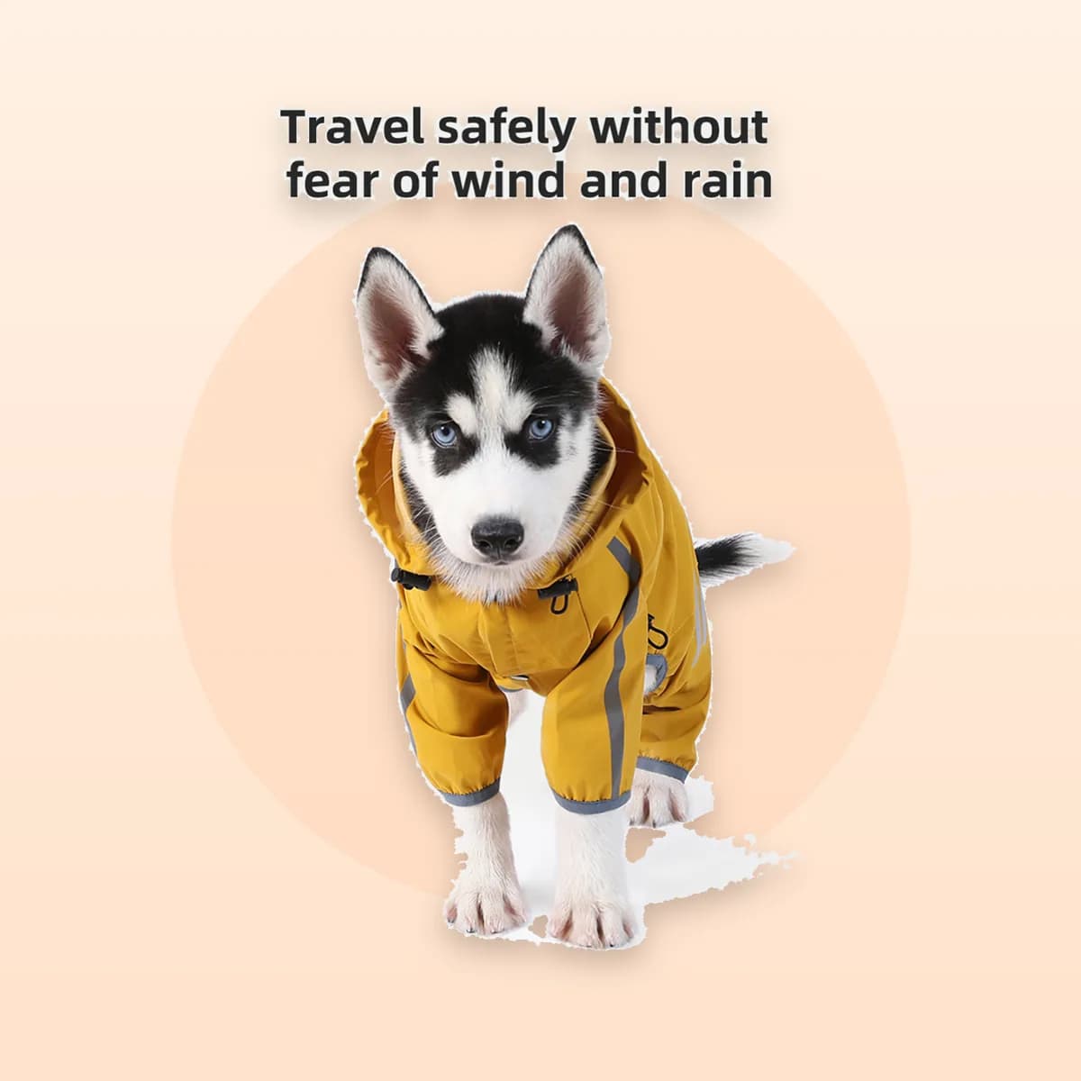 Kindral dog raincoat shown front-on with the hood up