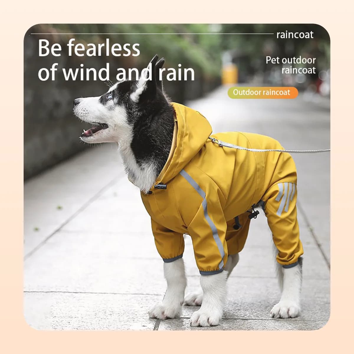 Side view of the Kindral raincoat showing reflective leg strips