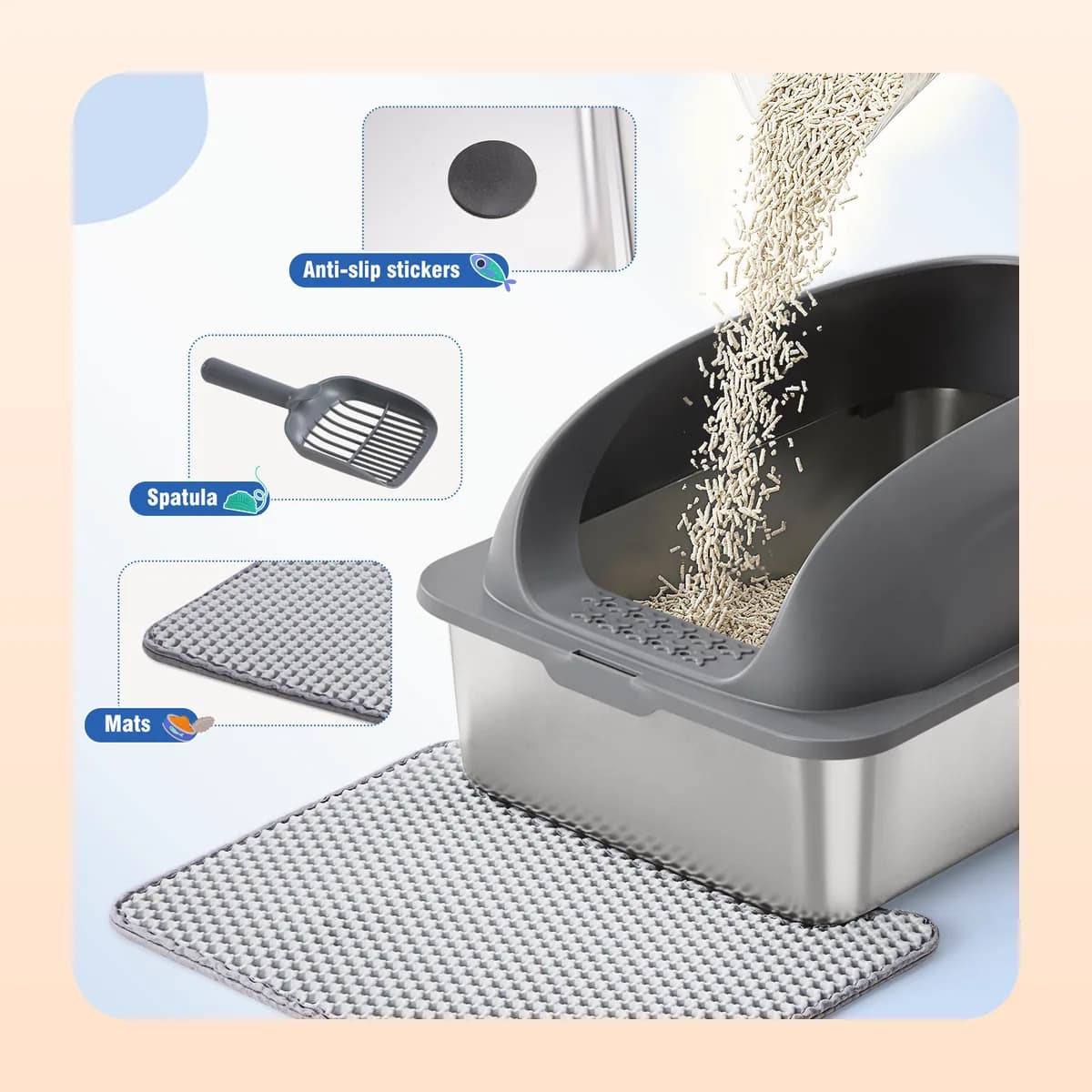Kindral litter box shown with its scoop, mat and anti-slip stickers