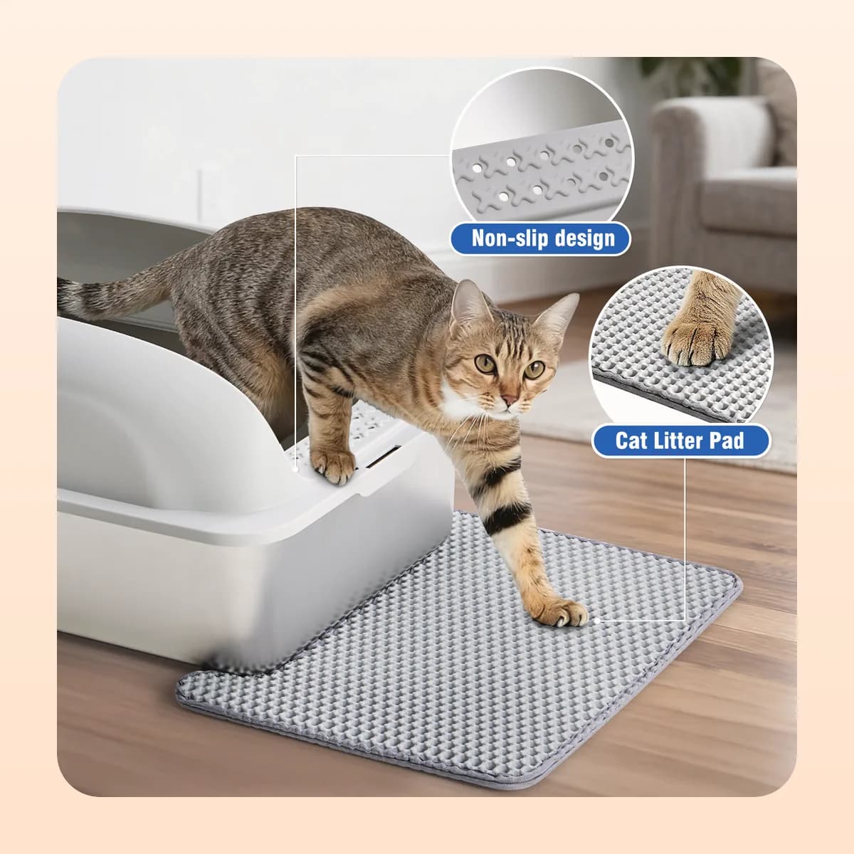 Cat stepping out of the Kindral litter box onto the trapping mat