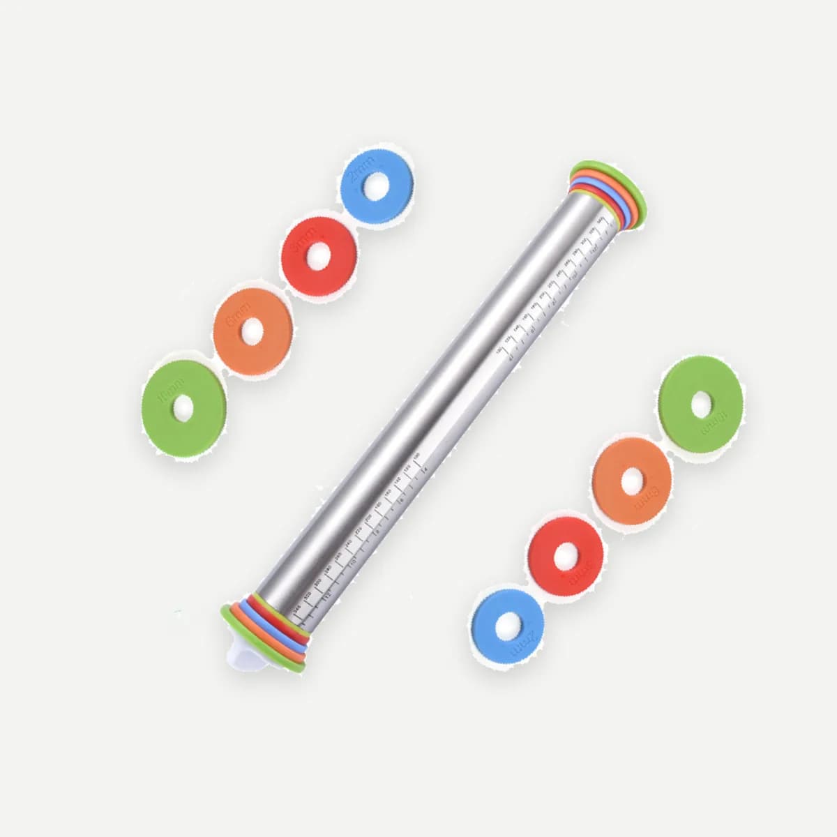 Kindral adjustable rolling pin in stainless steel with its four pairs of coloured rings