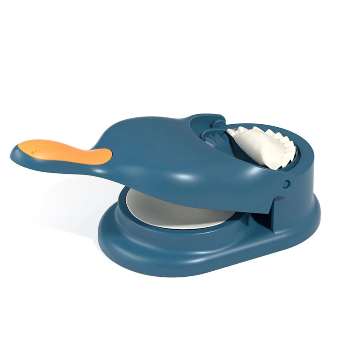 Kindral dumpling maker press in blue, with a crimped dumpling in the mould