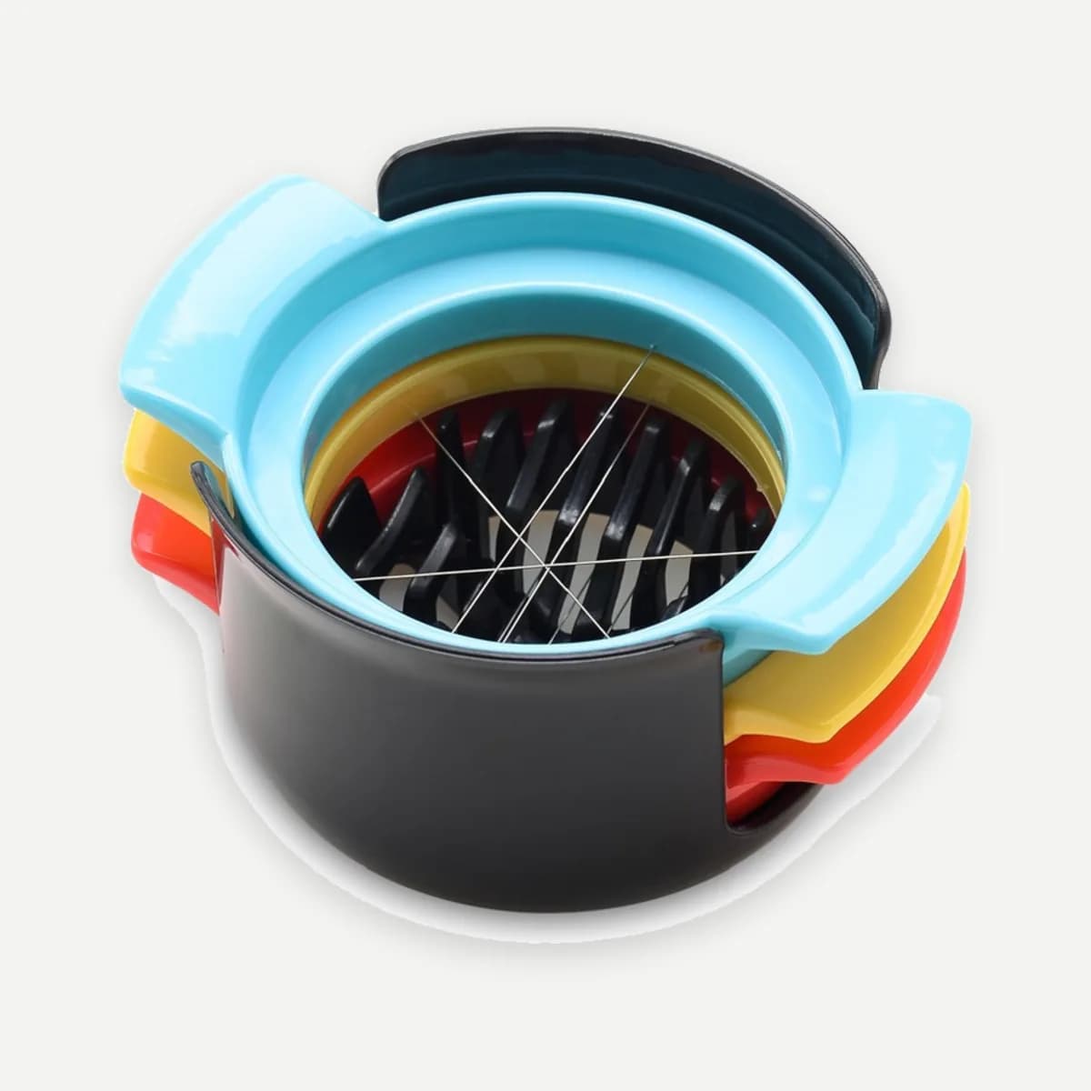 Kindral 3 in 1 egg slicer in black with blue, yellow and red frames