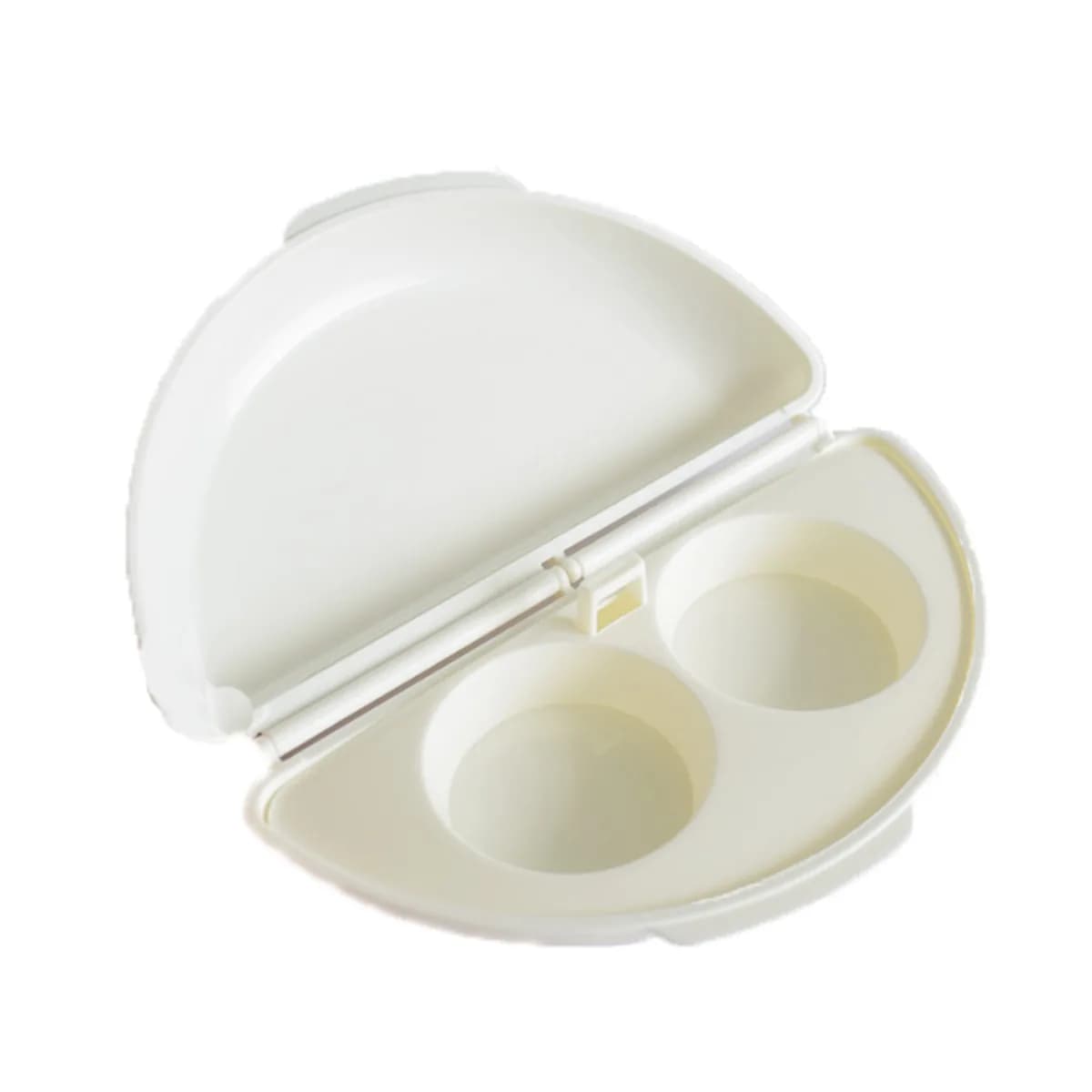 Kindral microwave omelette maker in white, open with the egg insert in place