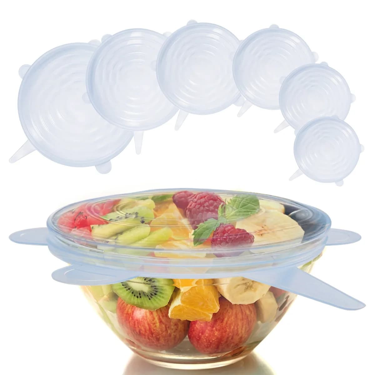 Kindral silicone stretch lids in clear, one stretched over a fruit bowl