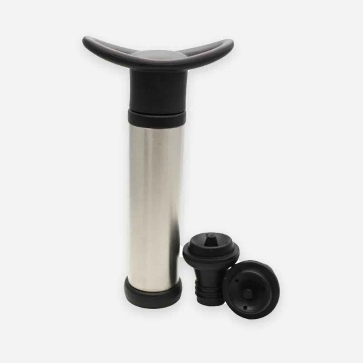 Kindral wine saver vacuum pump in silver and black, with two stoppers